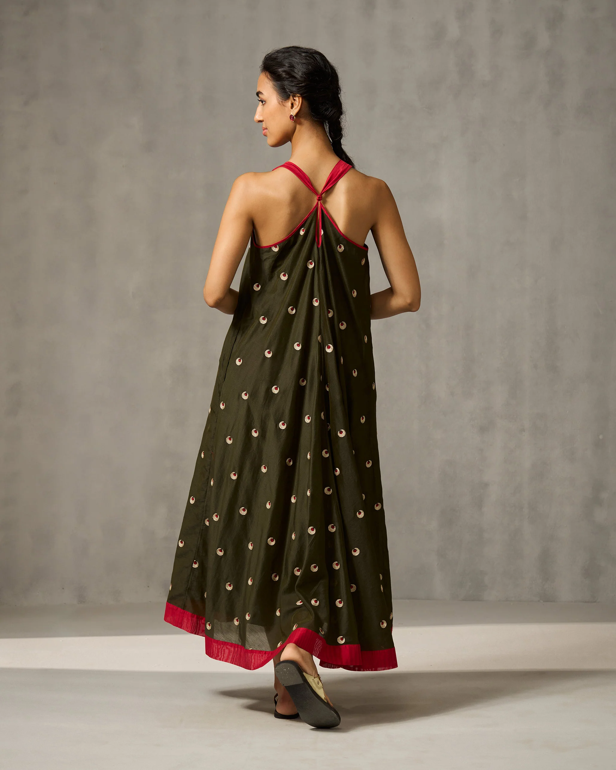 Akira Twist Back Dress - Green & Gold Embroidered - Image 4