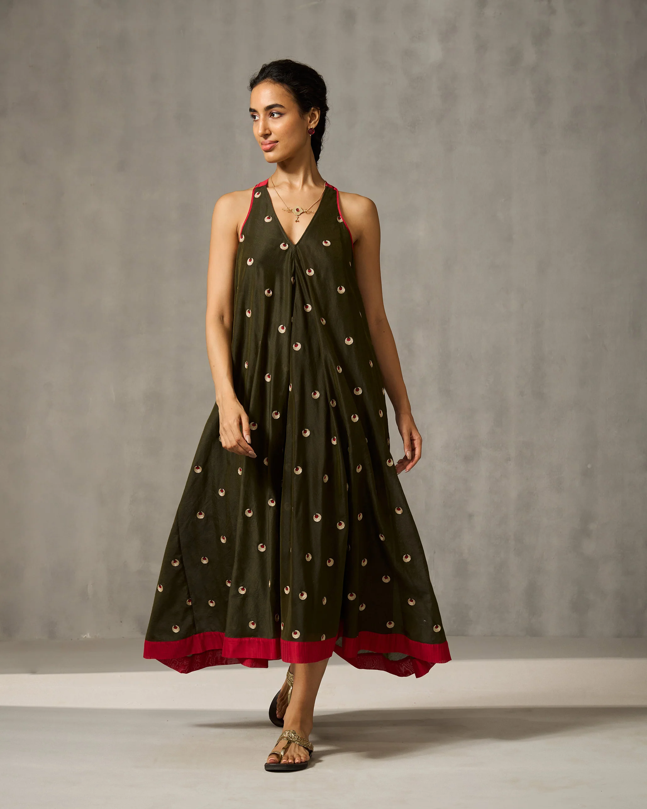 Akira Twist Back Dress - Green & Gold Embroidered - Image 5