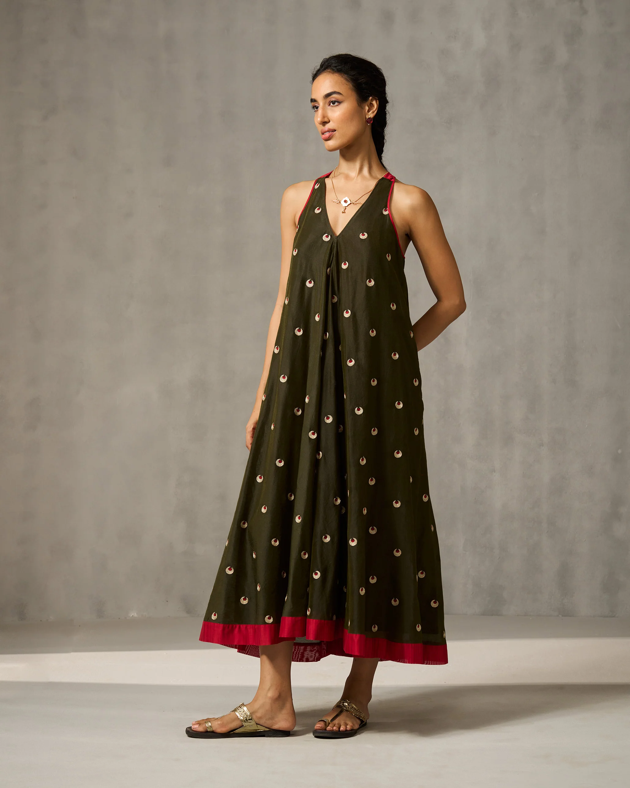 Akira Twist Back Dress - Green & Gold Embroidered - Image 6