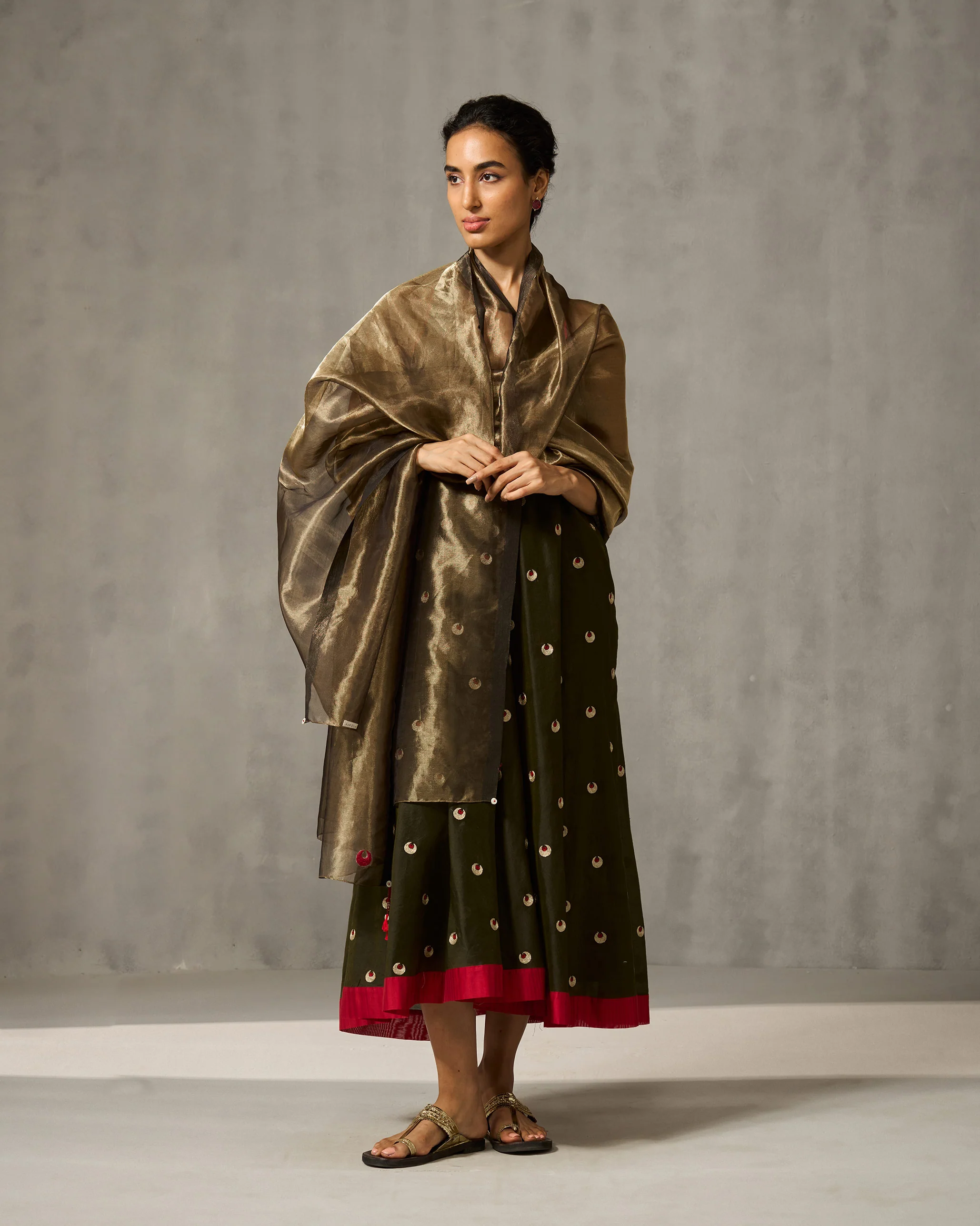 Akira Twist Back Dress - Green & Gold Embroidered - Image 8