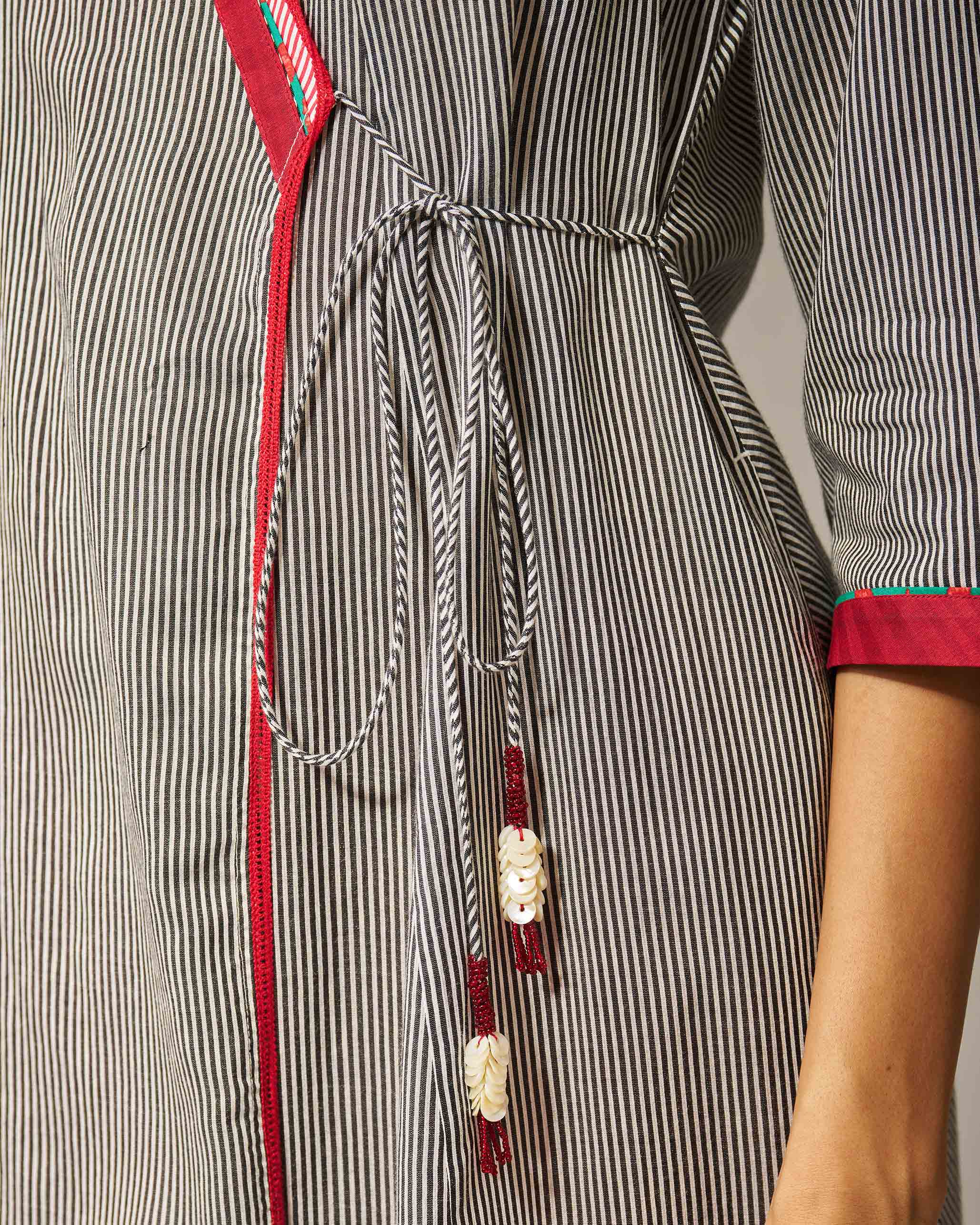 Aliyah Tie Kurta - Black & Ivory Stripes - Image 2
