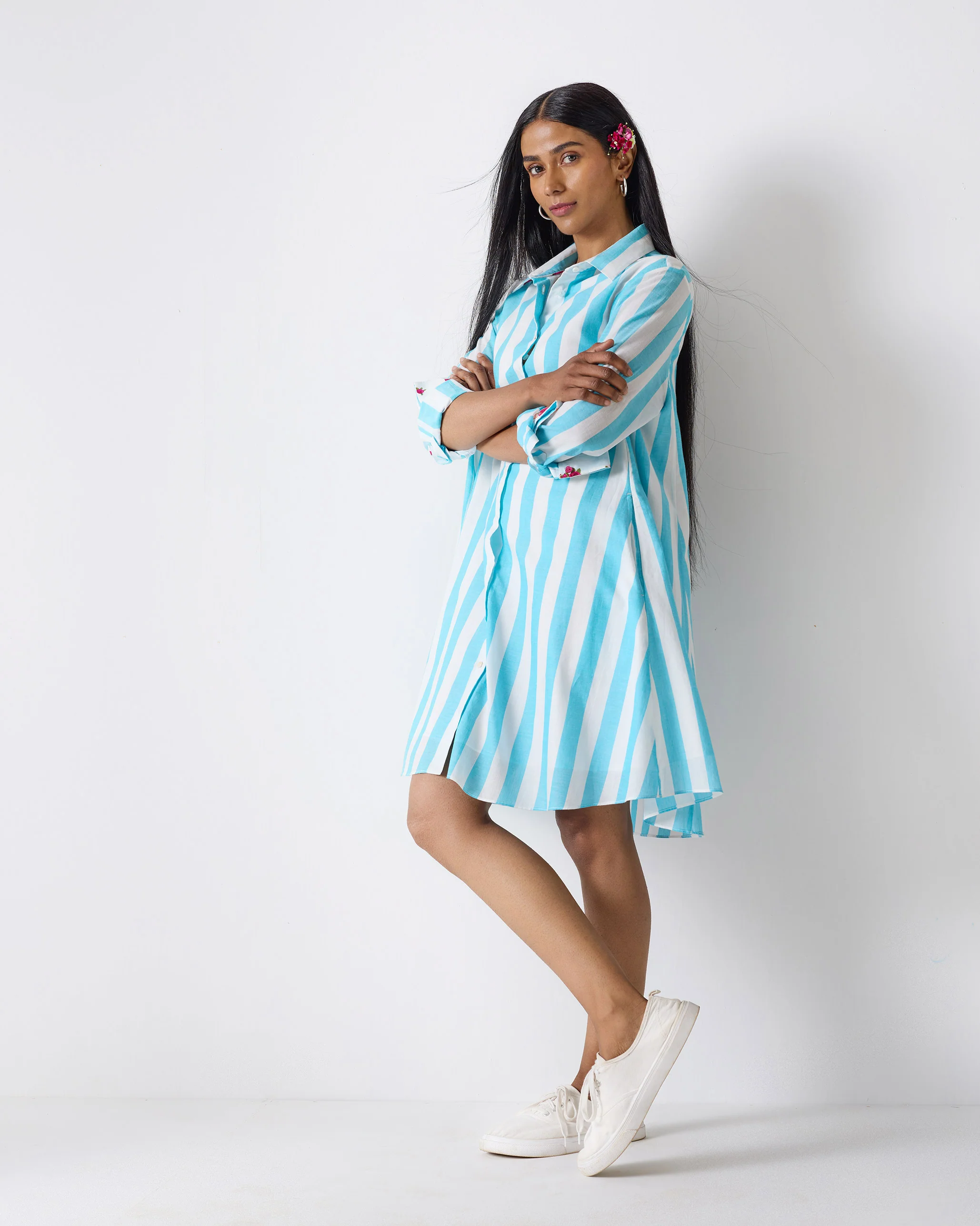 Ava Shirt Dress - Aqua & White Stripes - Image 4