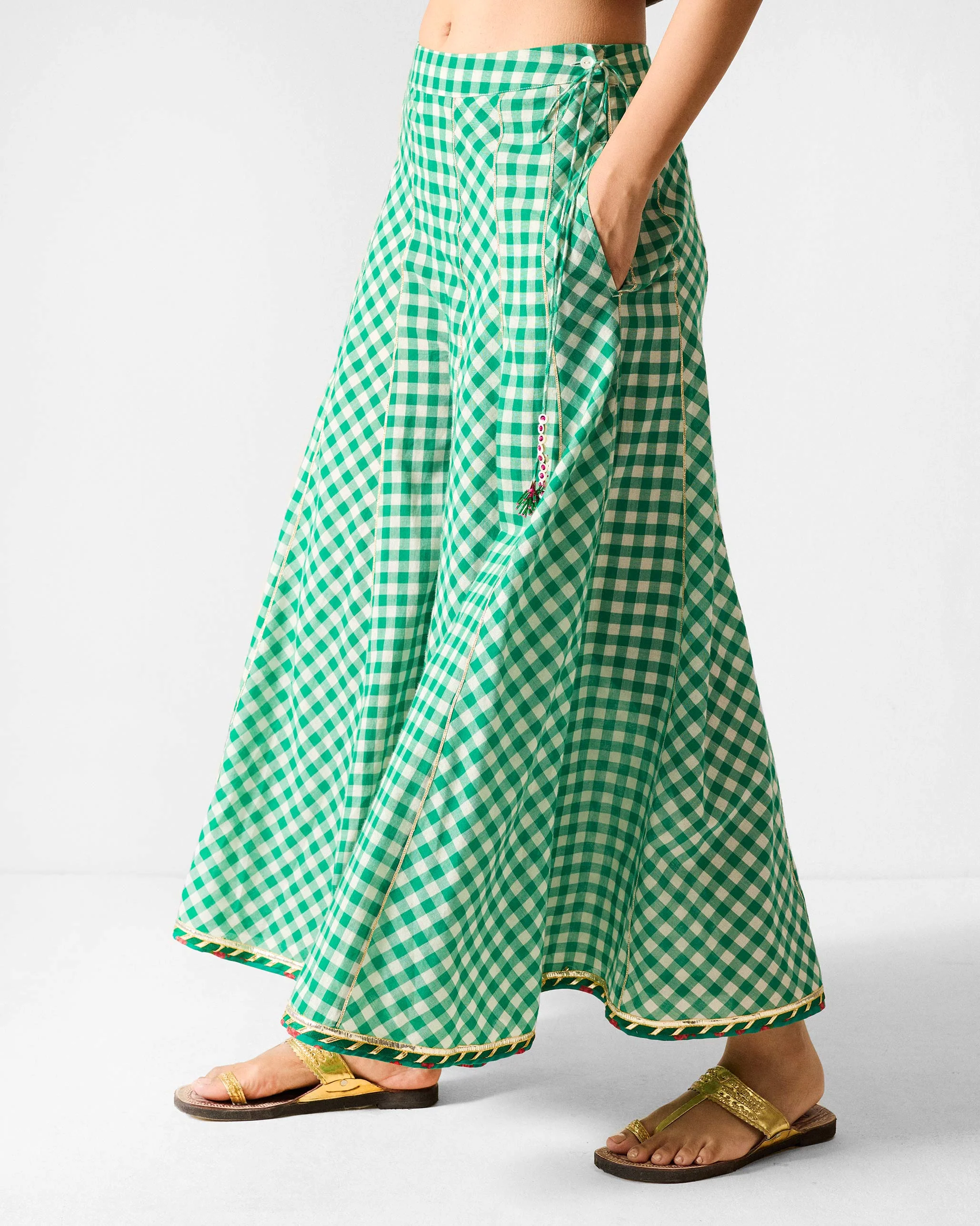 Awadh Sharara - Ivory & Green Checks - Image 3