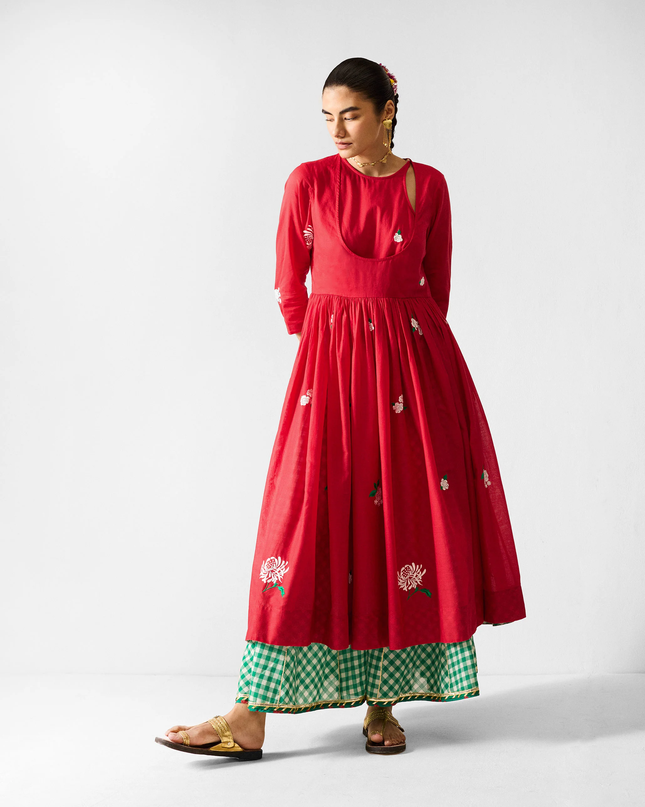 Awadh Sharara - Ivory & Green Checks - Image 5