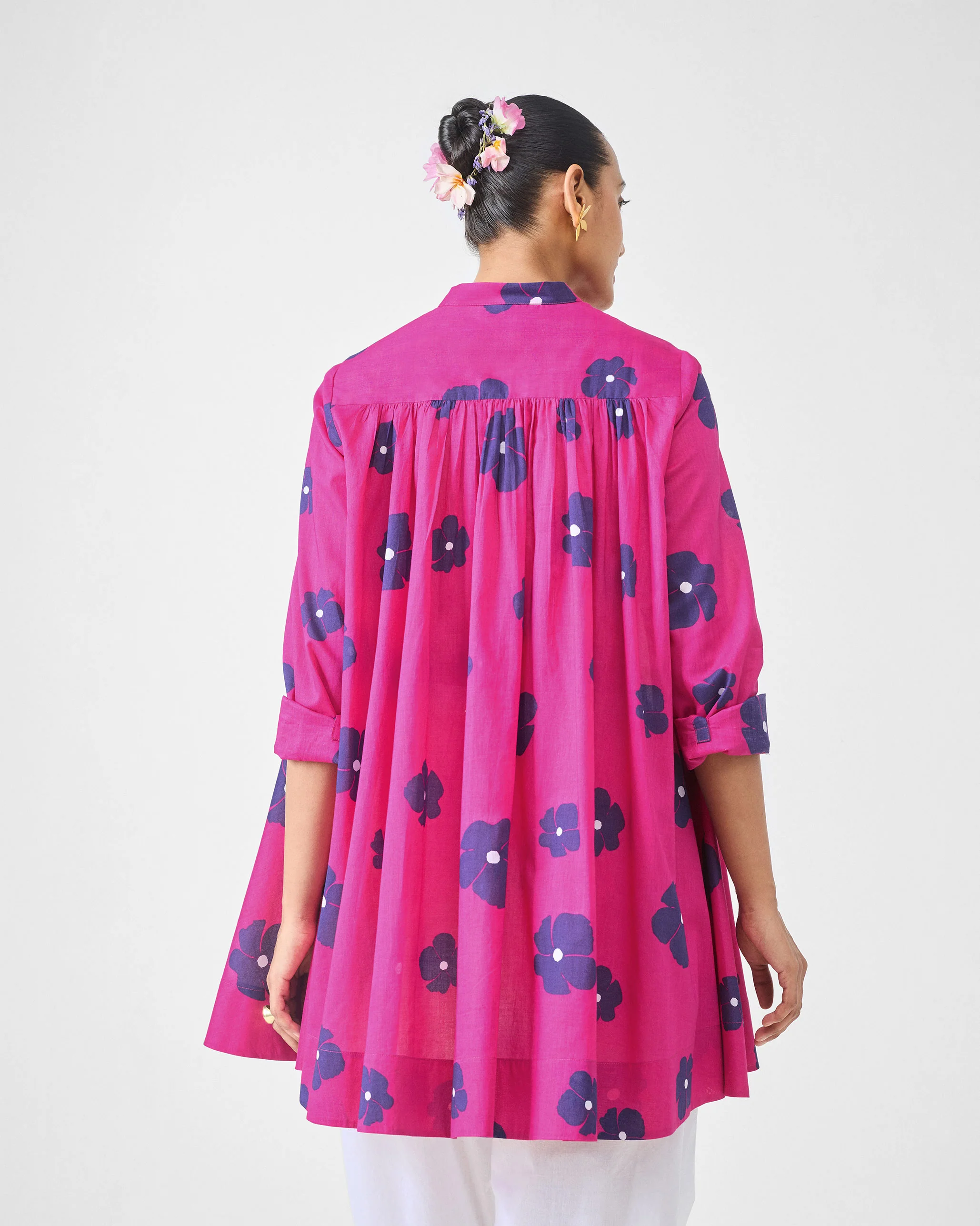 Back Gathered Top - Fuchsia & Purple Print - Image 3
