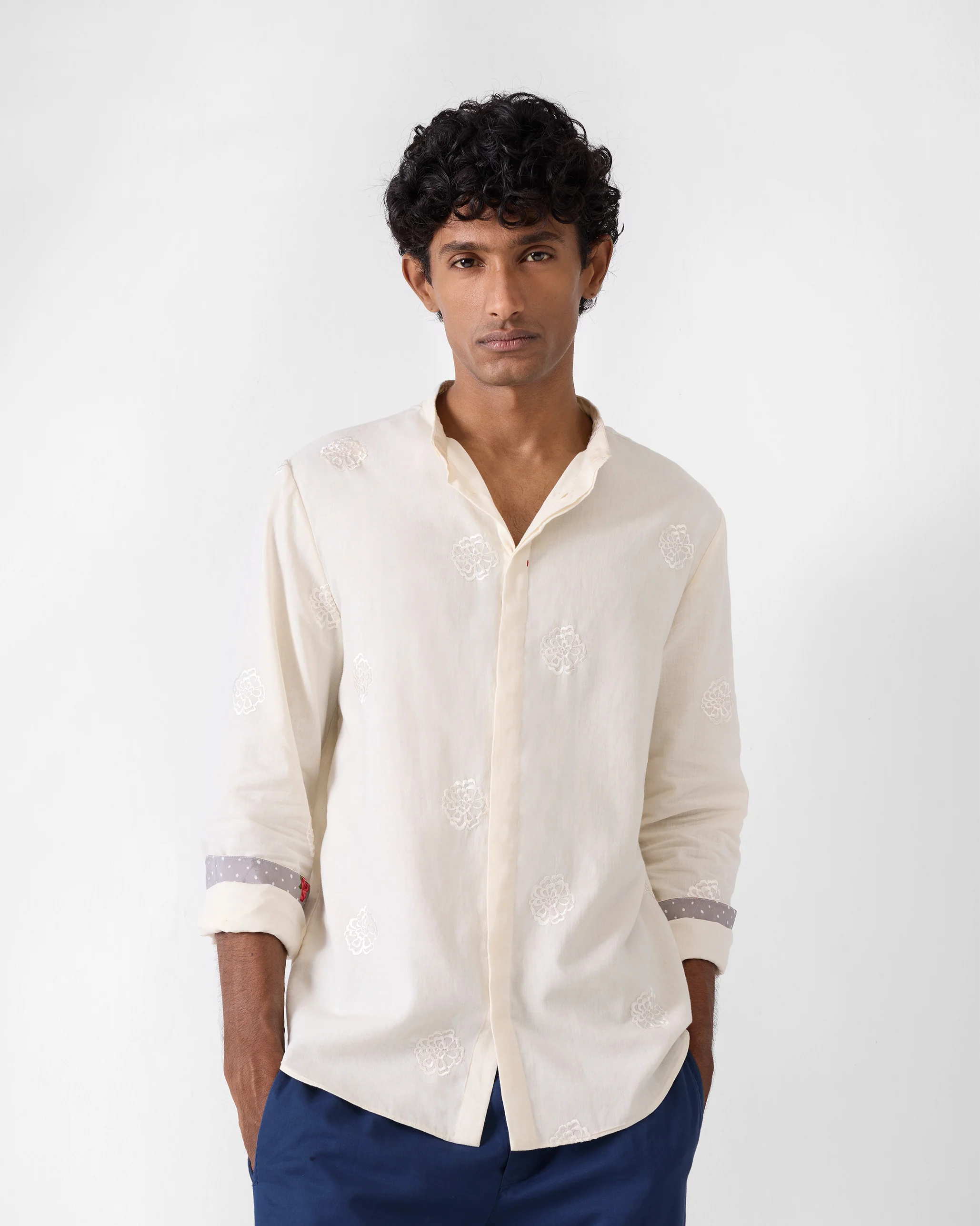 Band Collar Shirt - Ivory Embroidered - Image 2