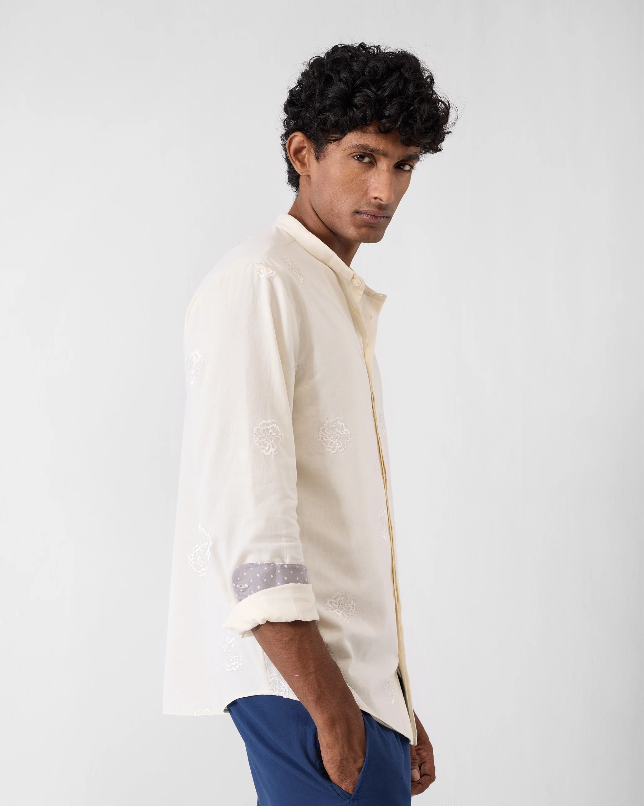 Band Collar Shirt - Ivory Embroidered - Image 4