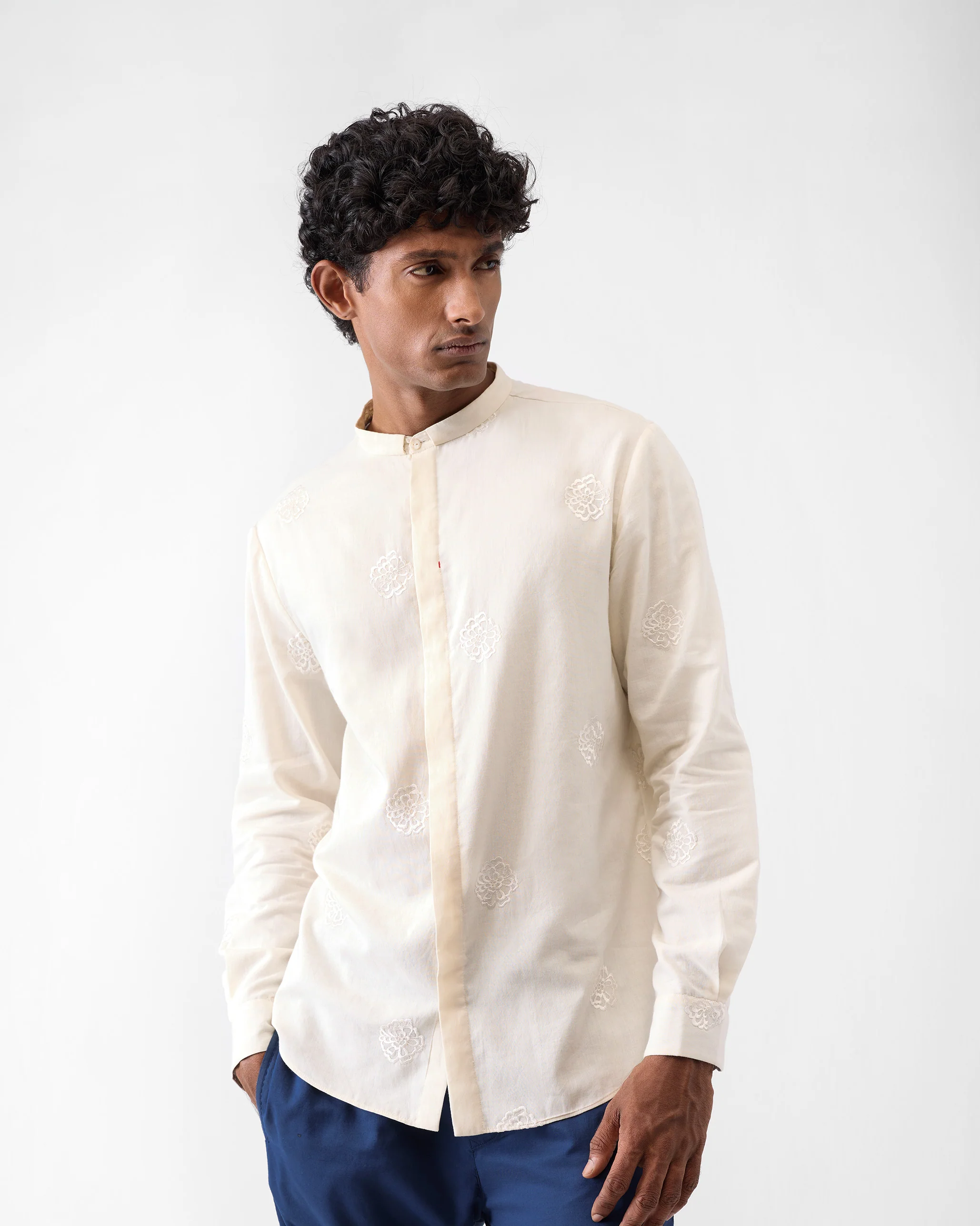 Band Collar Shirt - Ivory Embroidered - Image 7
