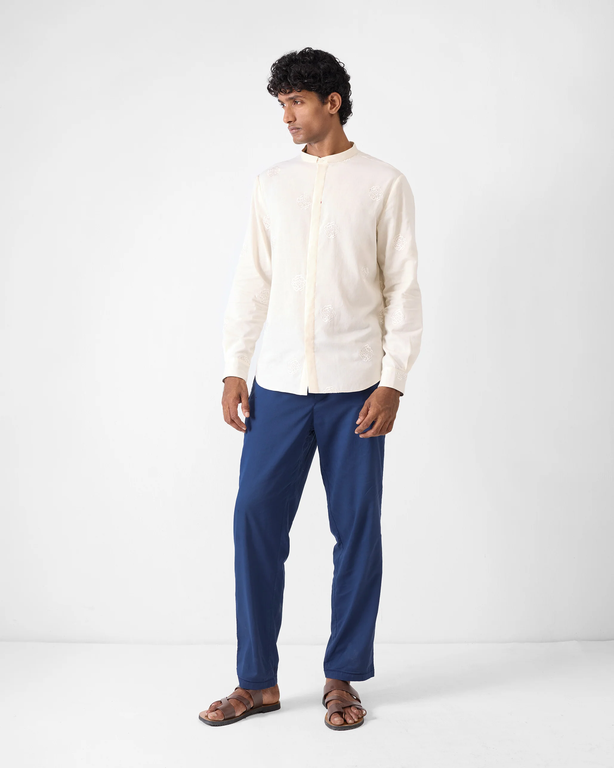 Band Collar Shirt - Ivory Embroidered - Image 8