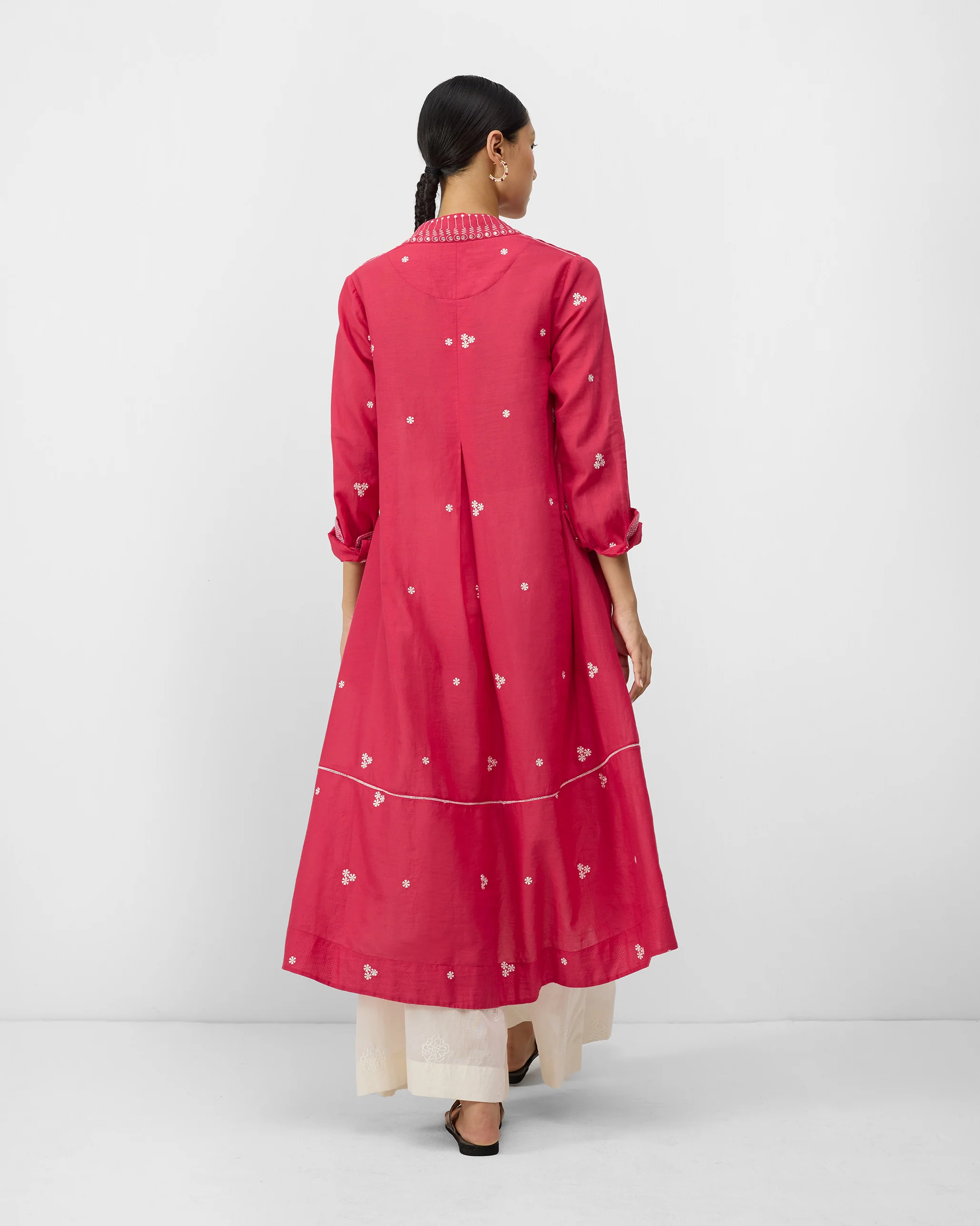 Banko V-Neck Kurta - Watermelon & Ivory Embroidered - Image 2