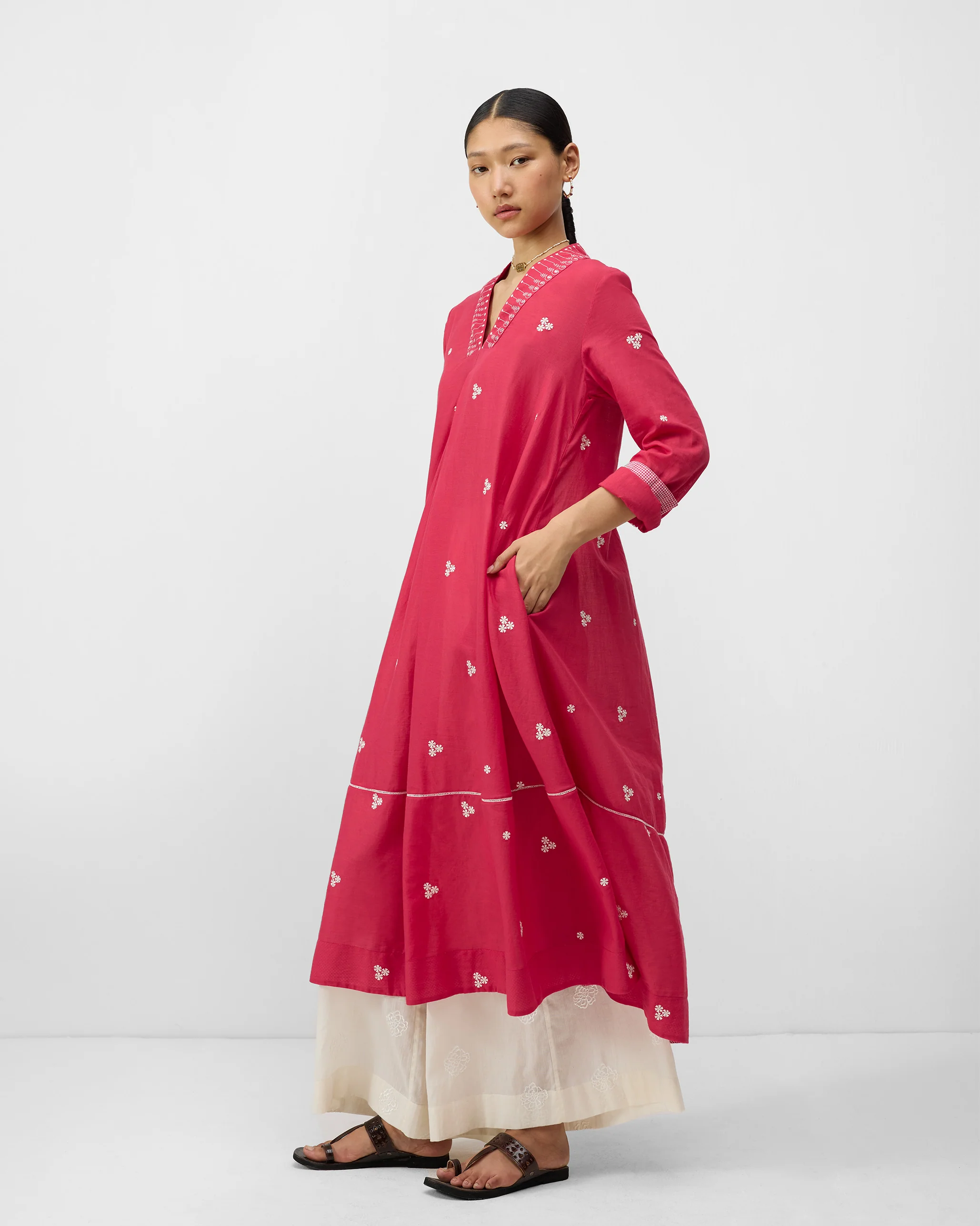 Banko V-Neck Kurta - Watermelon & Ivory Embroidered - Image 3