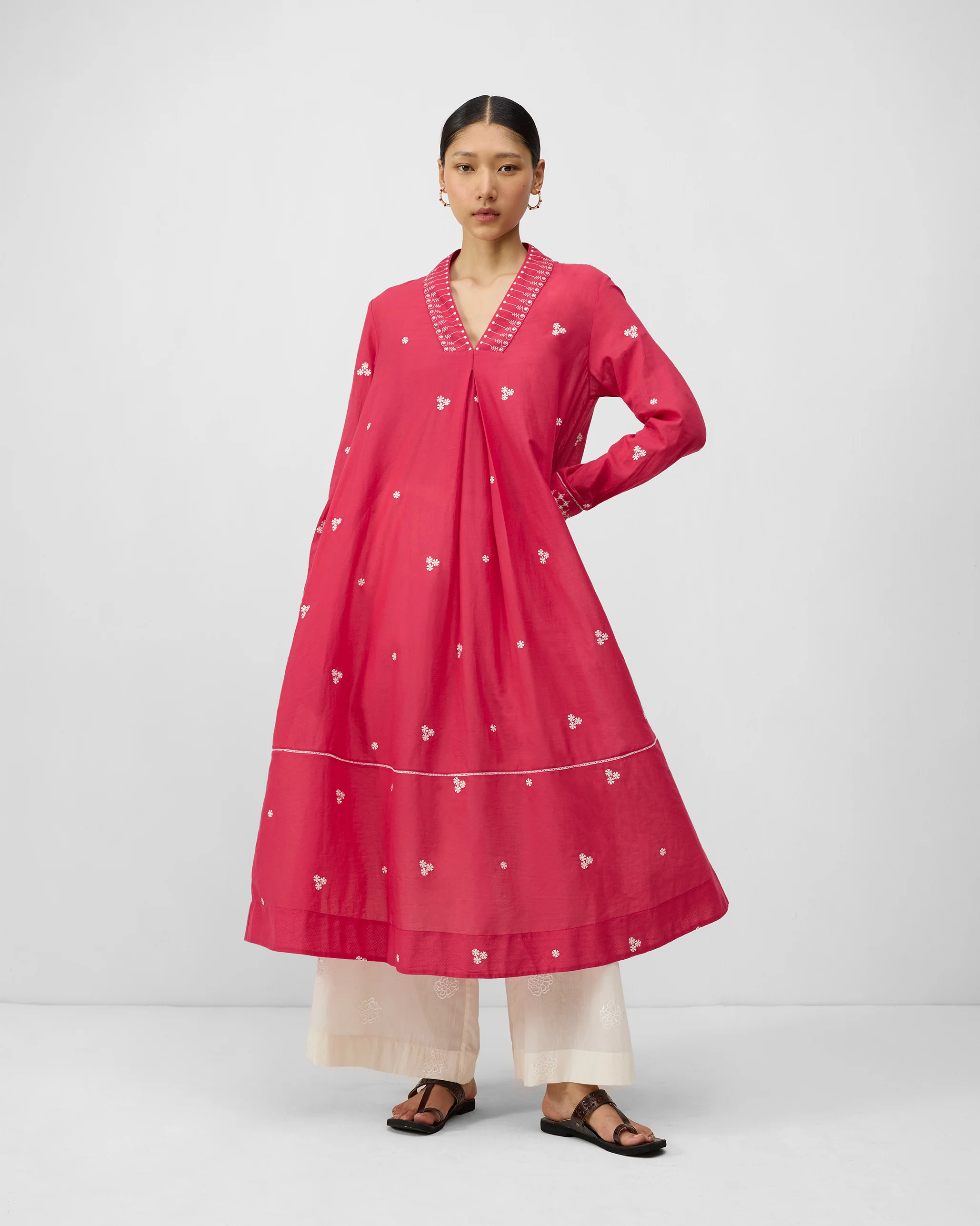 Banko V-Neck Kurta - Watermelon & Ivory Embroidered - Image 4