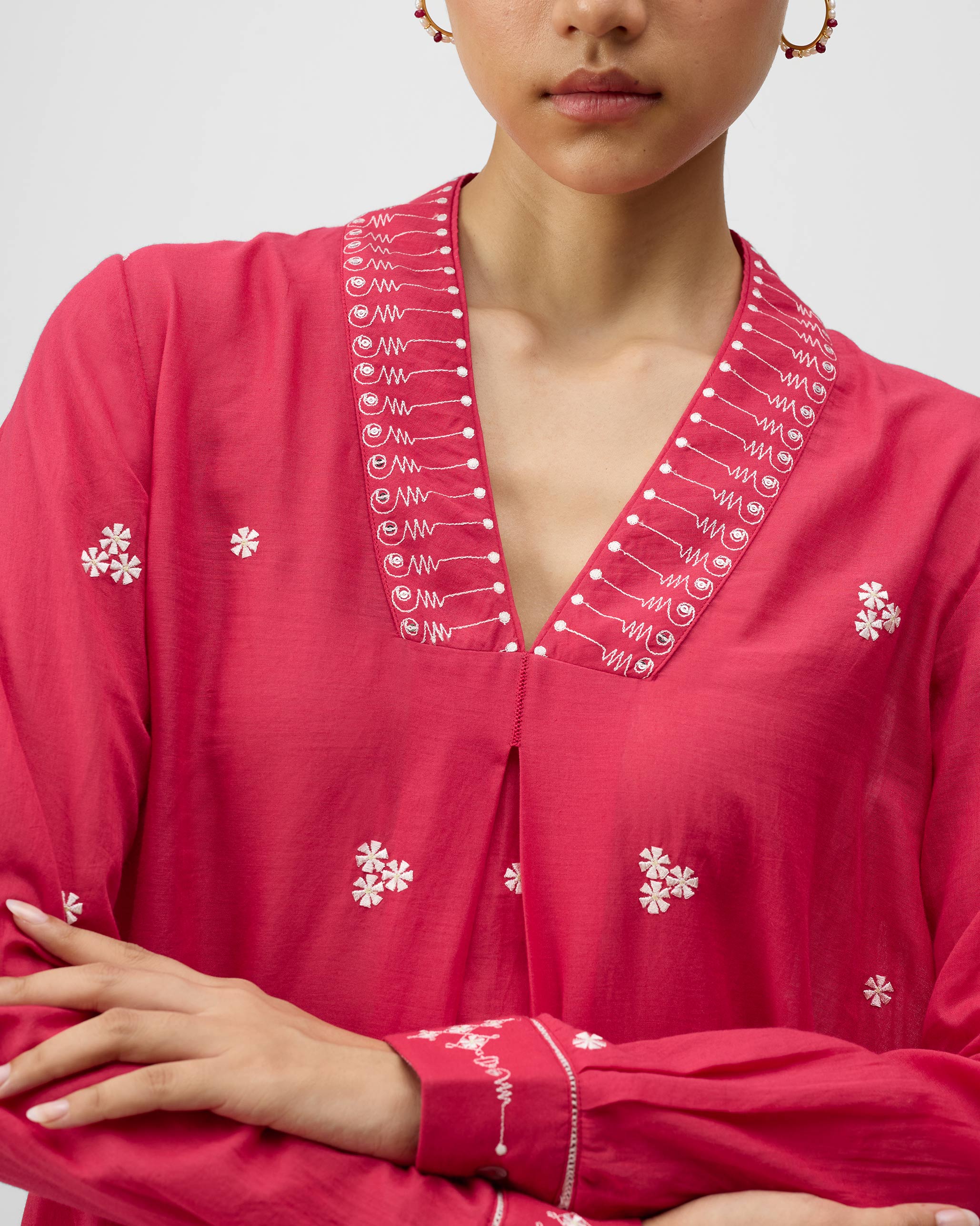 Banko V-Neck Kurta - Watermelon & Ivory Embroidered - Image 5