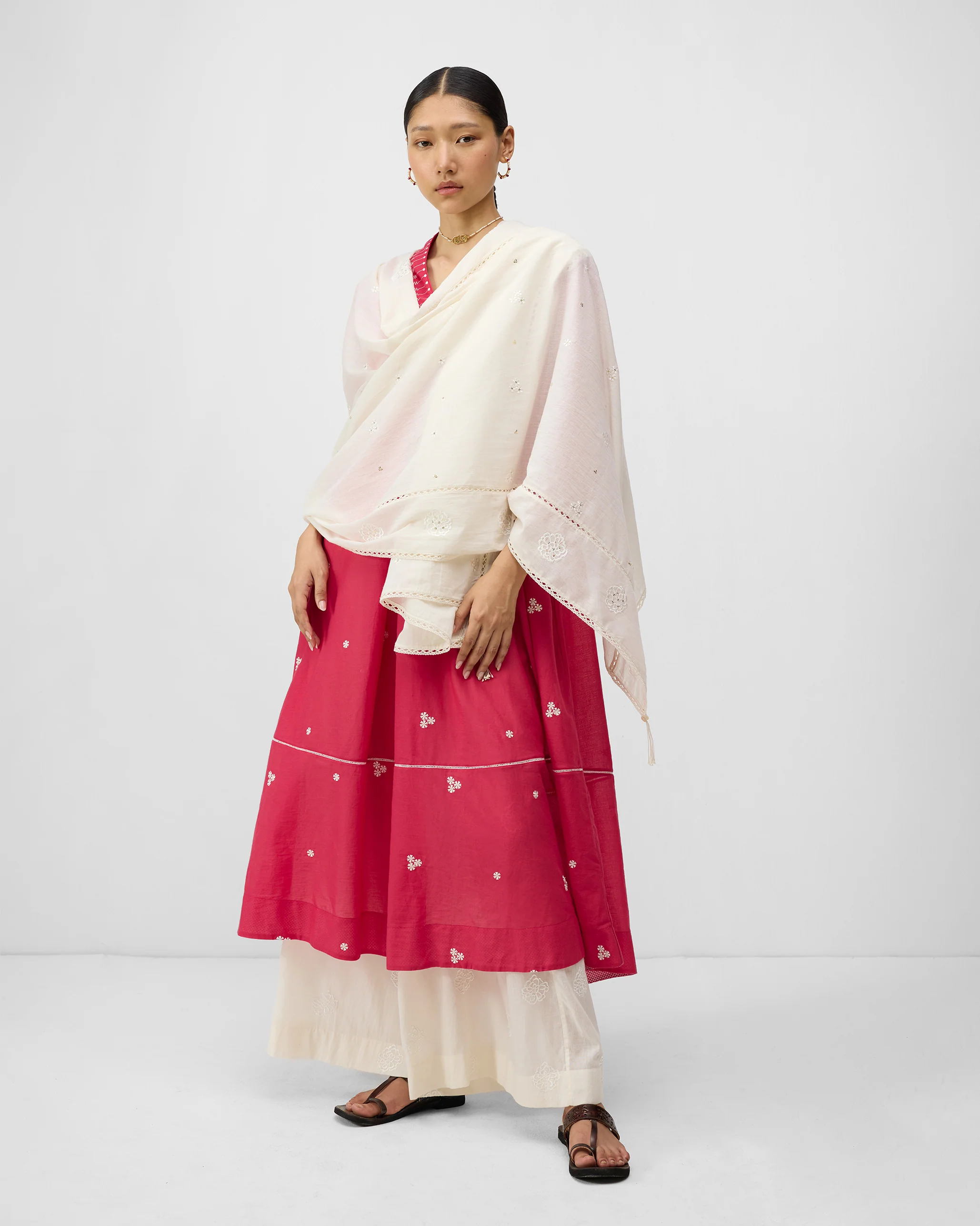 Banko V-Neck Kurta - Watermelon & Ivory Embroidered - Image 6