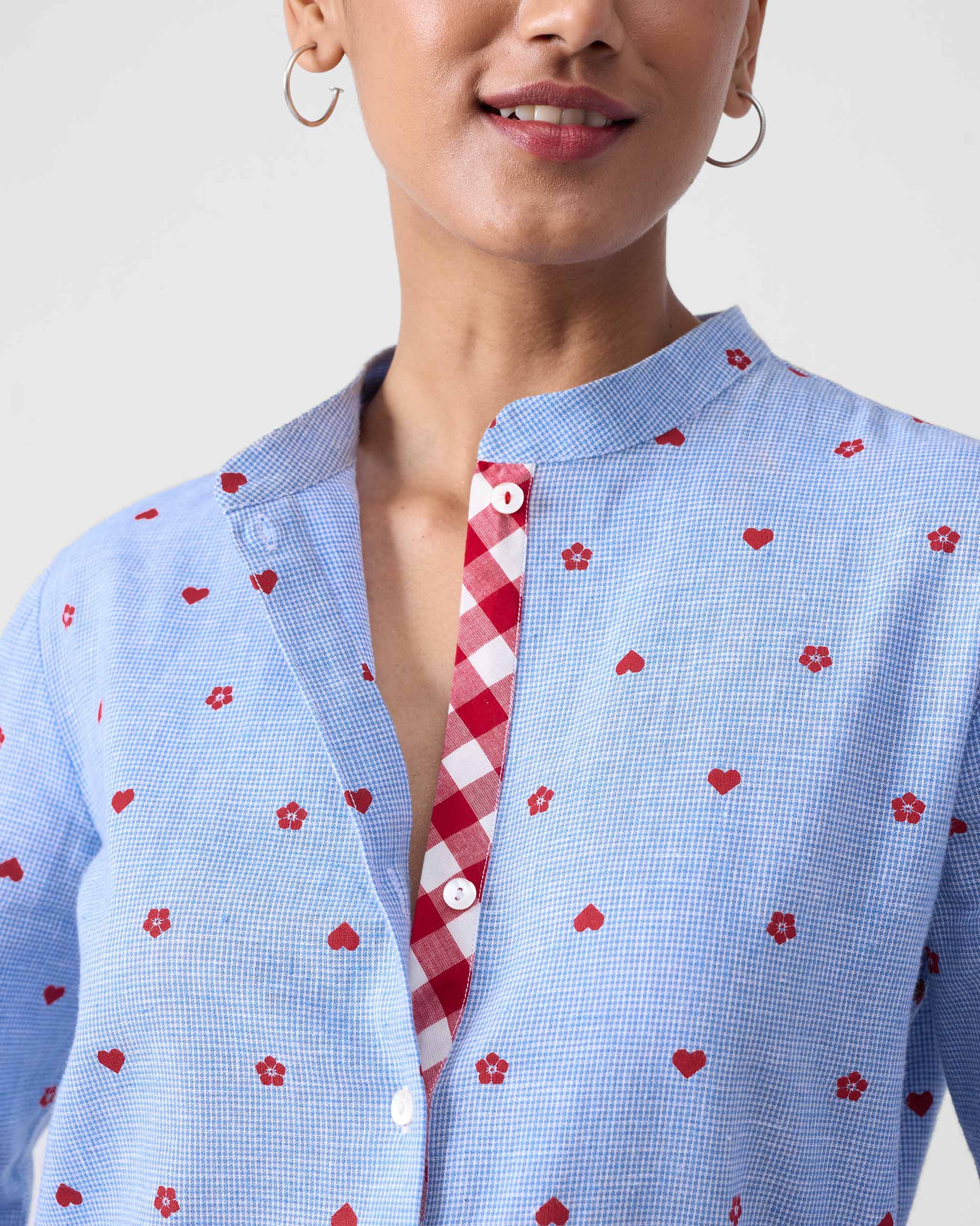 Basic Long Length Kurta - Blue & Red Print - Image 6