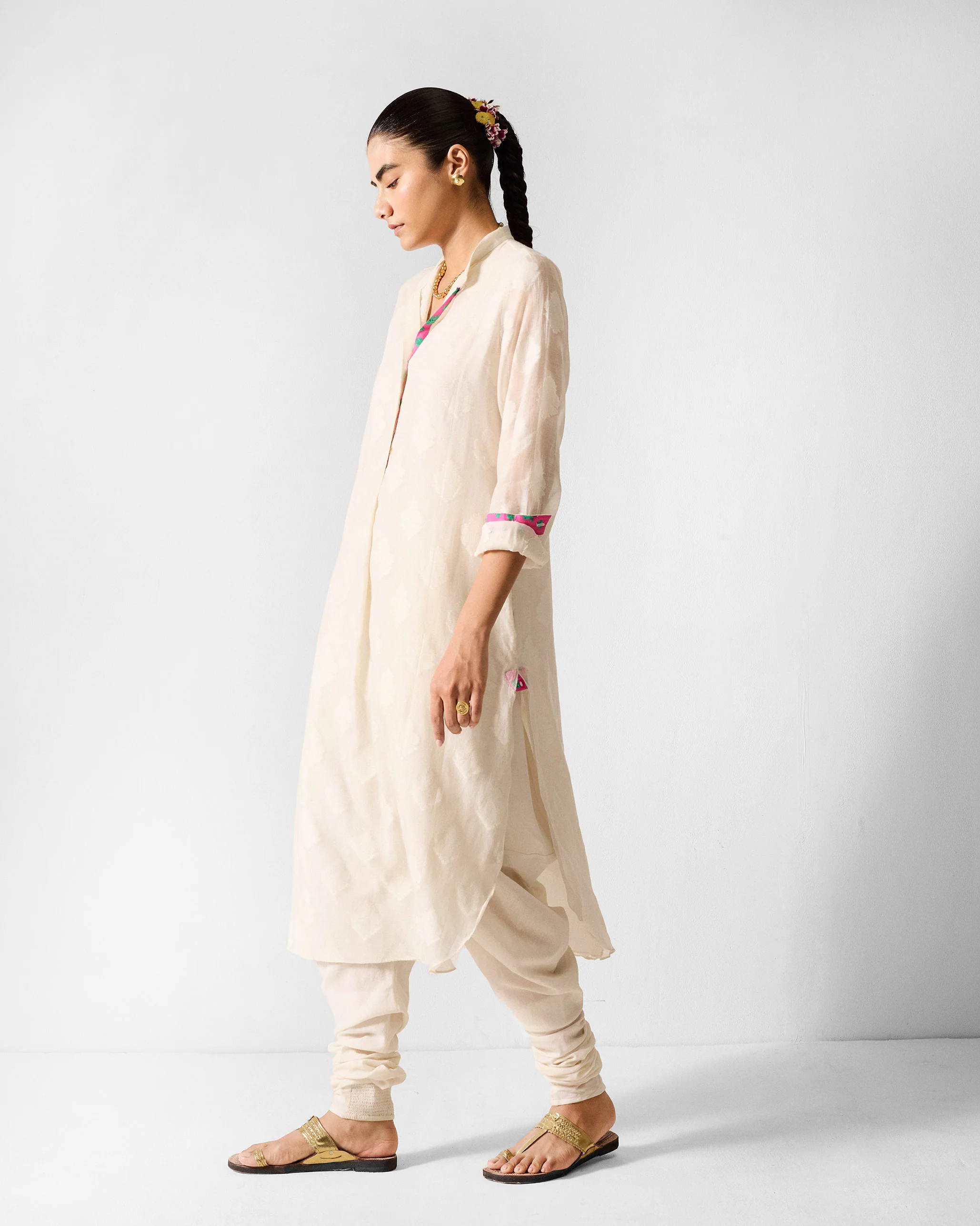 Basic Long Length Kurta - Ivory - Image 3