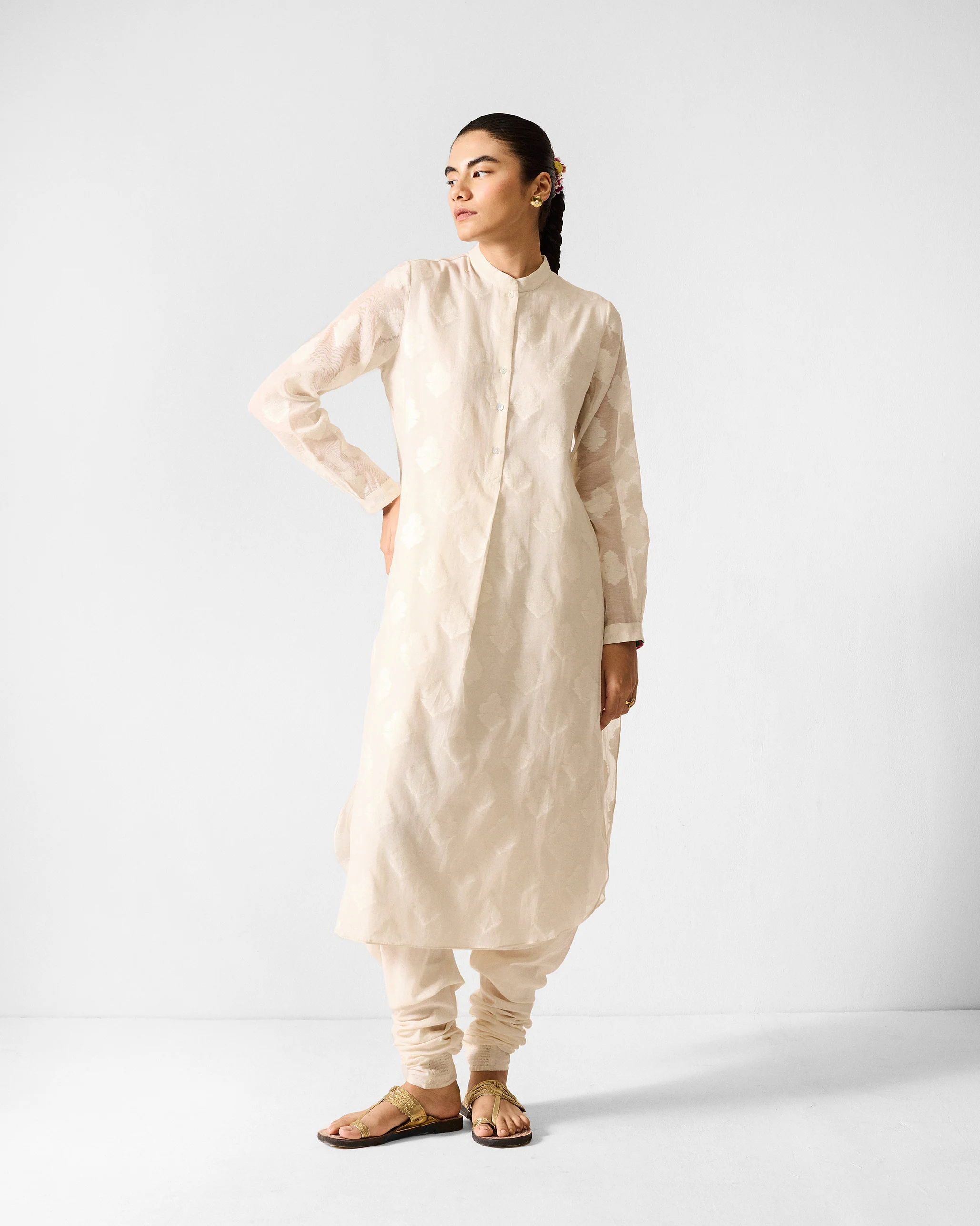 Basic Long Length Kurta - Ivory - Image 4