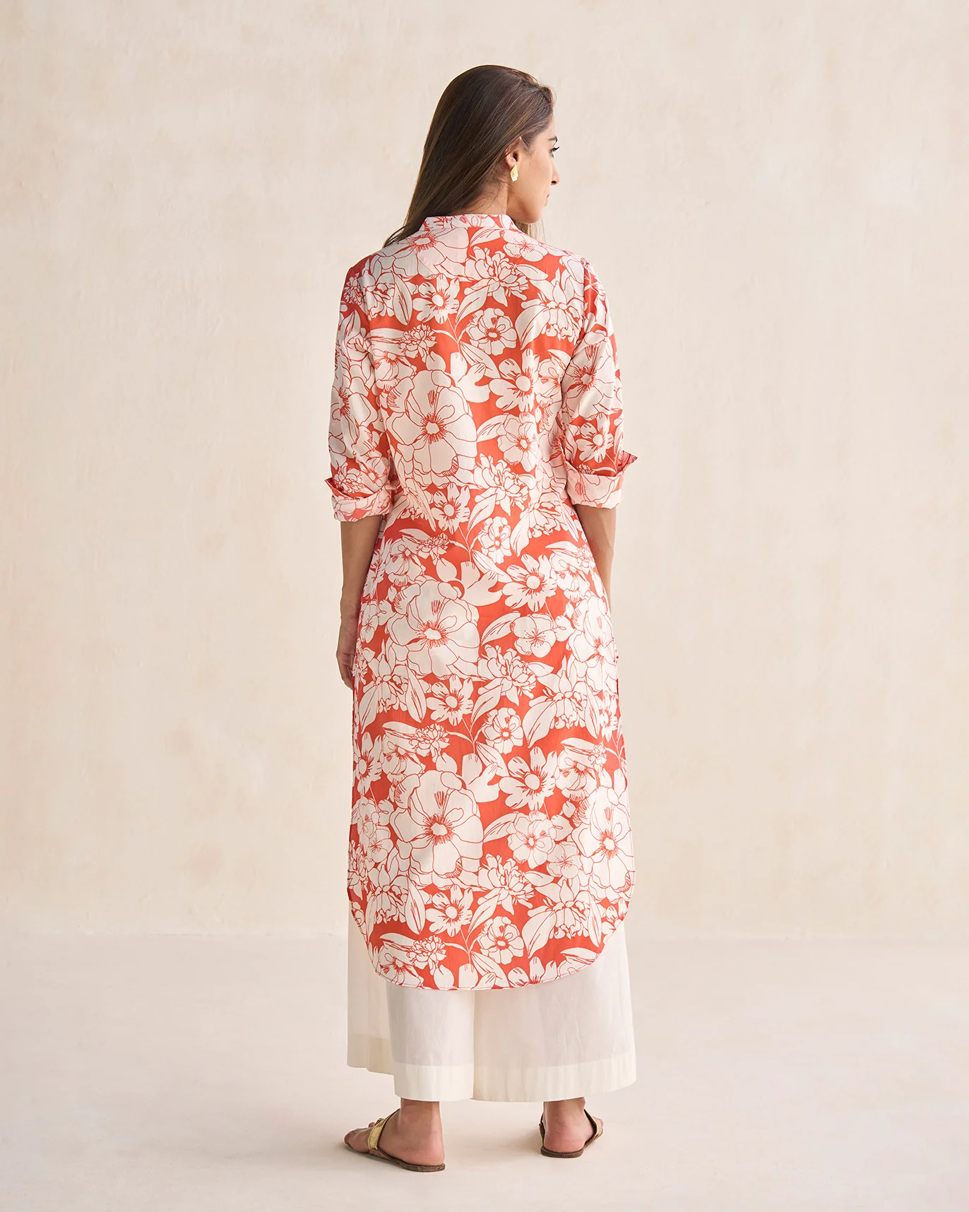 Basic Long Length Kurta - Ivory & Coral - Image 4