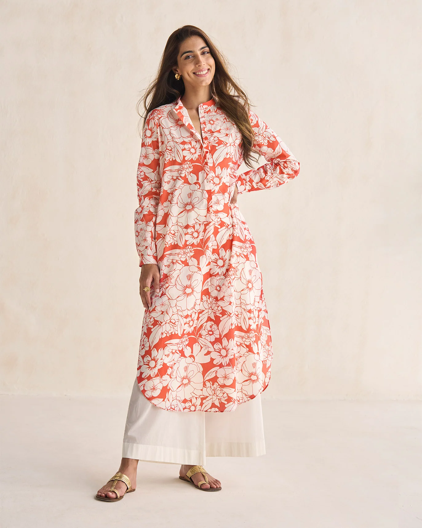 Basic Long Length Kurta - Ivory & Coral - Image 5