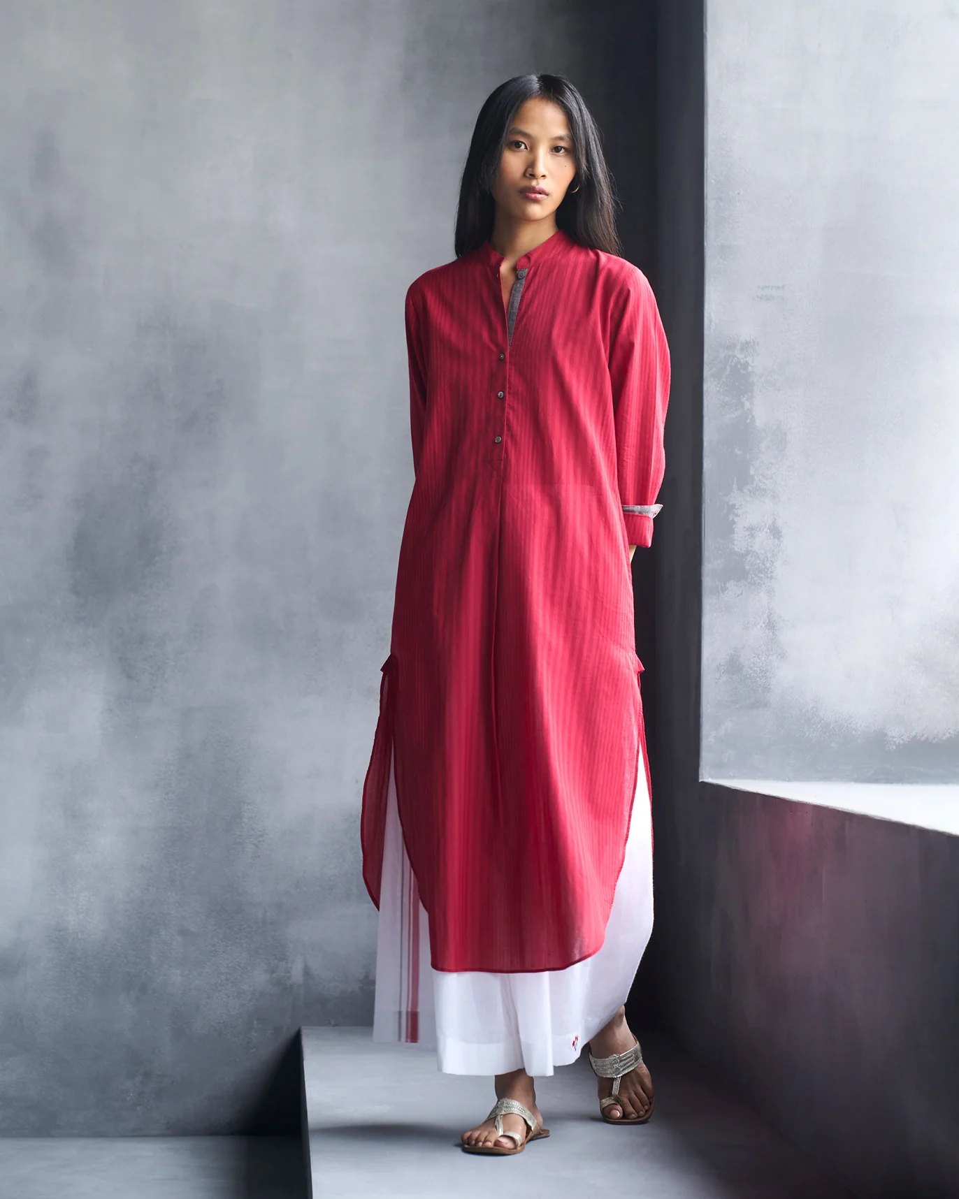Basic Long Length Kurta - Red - Image 6