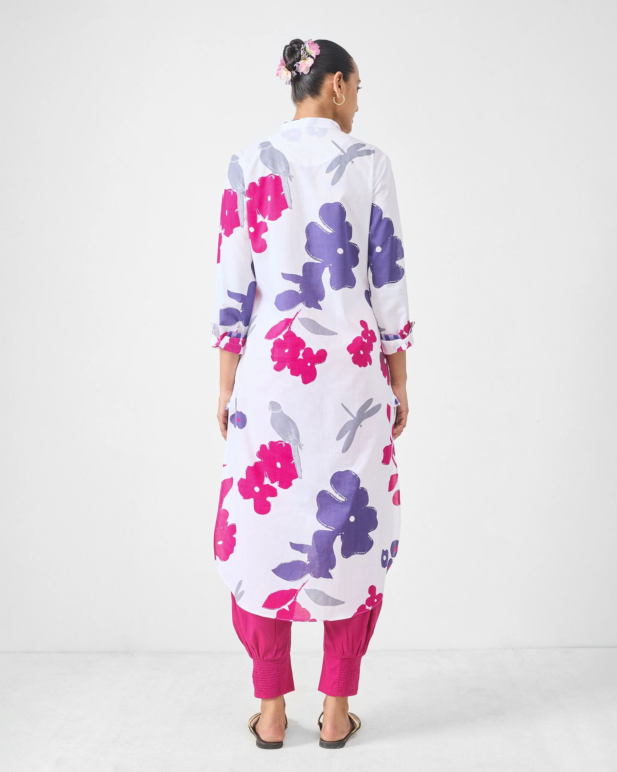 Basic Long Length Kurta - White & Purple Printed - Image 2