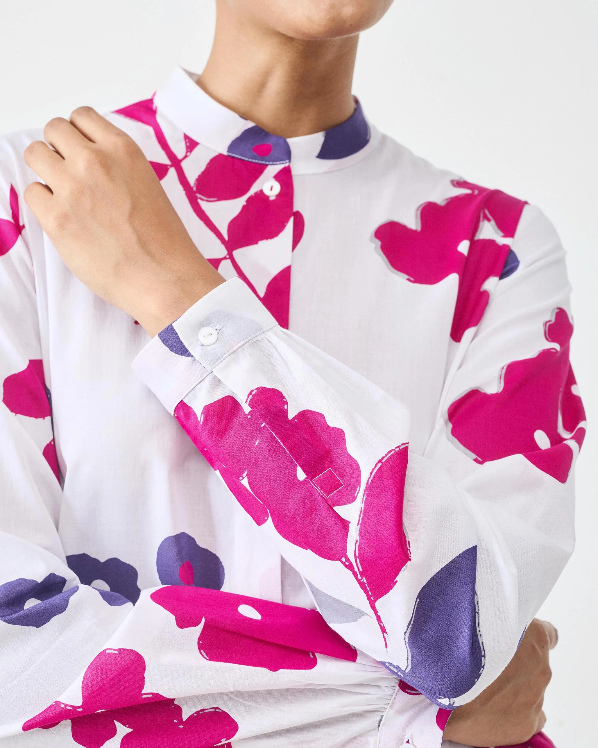 Basic Long Length Kurta - White & Purple Printed - Image 4