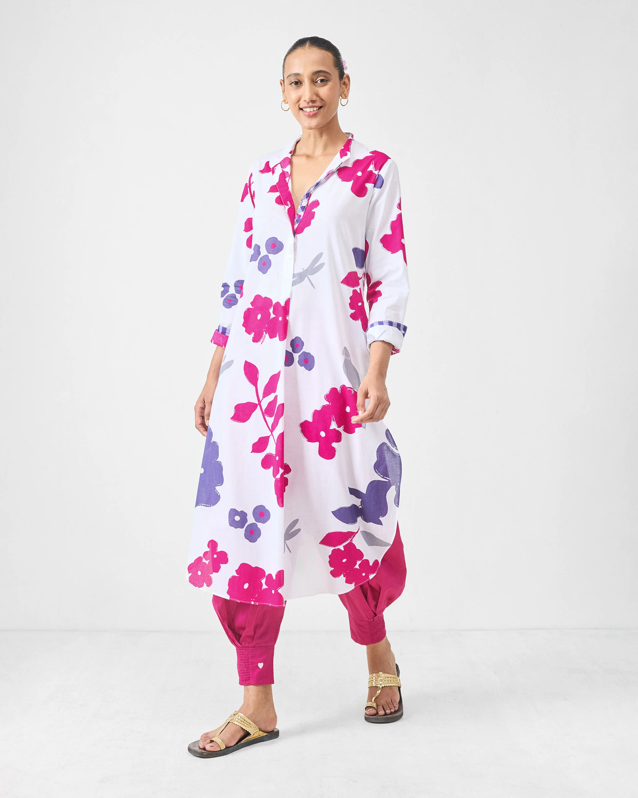 Basic Long Length Kurta - White & Purple Printed - Image 6