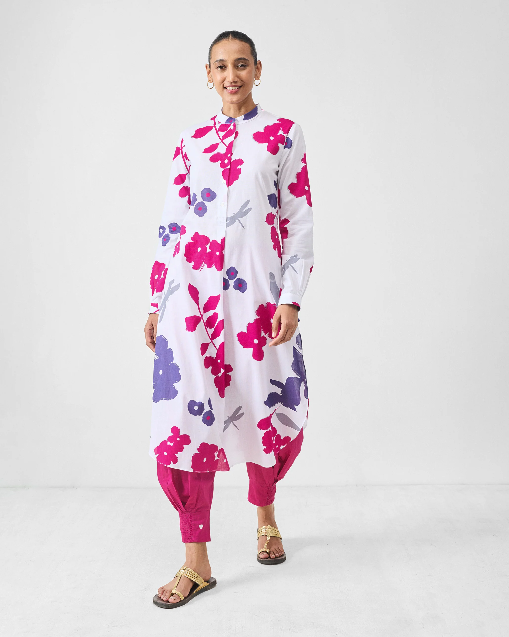 Basic Long Length Kurta - White & Purple Printed - Image 7