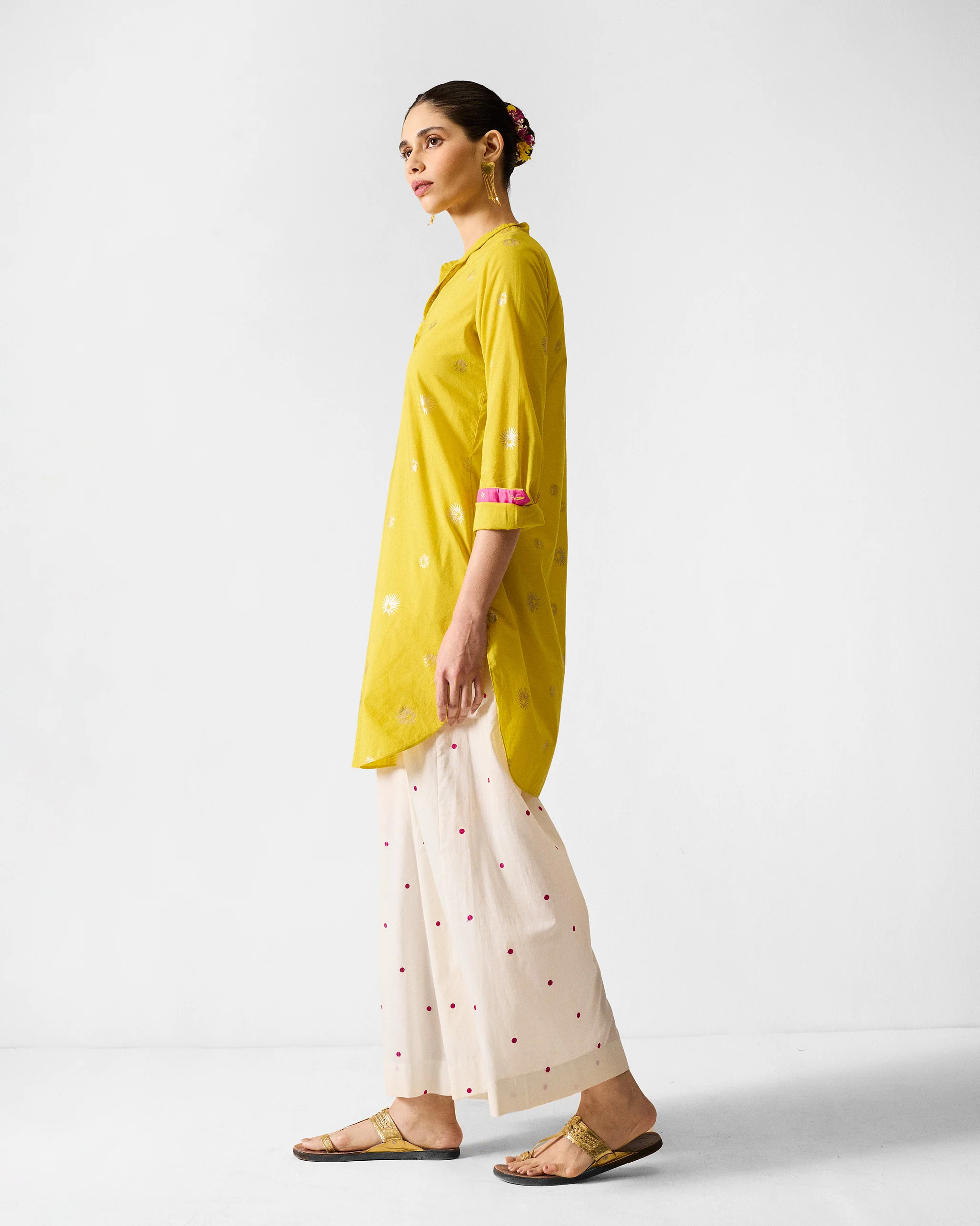 Basic Mid Length Kurta - Chartreuse & Gold Printed - Image 3
