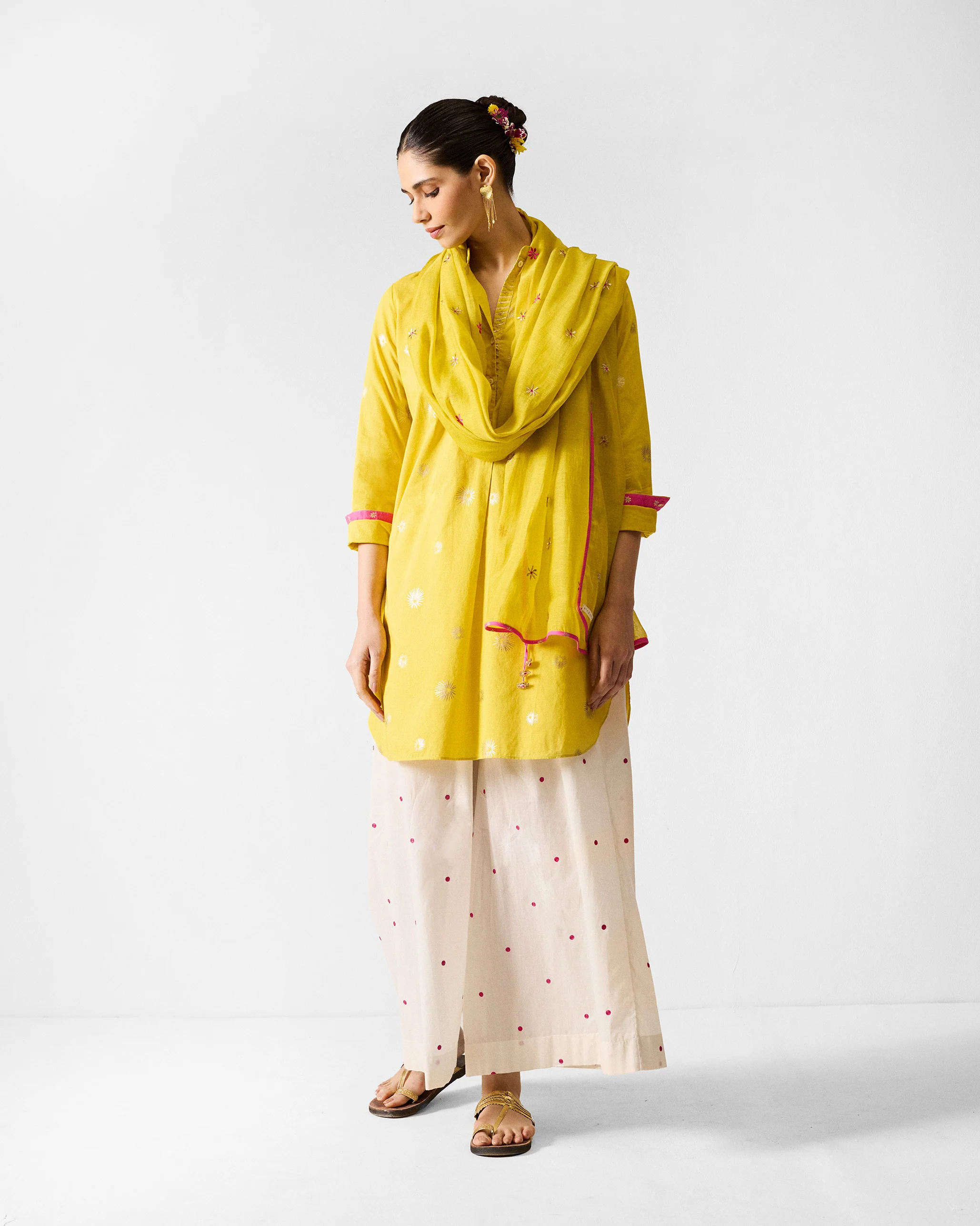 Basic Mid Length Kurta - Chartreuse & Gold Printed - Image 6