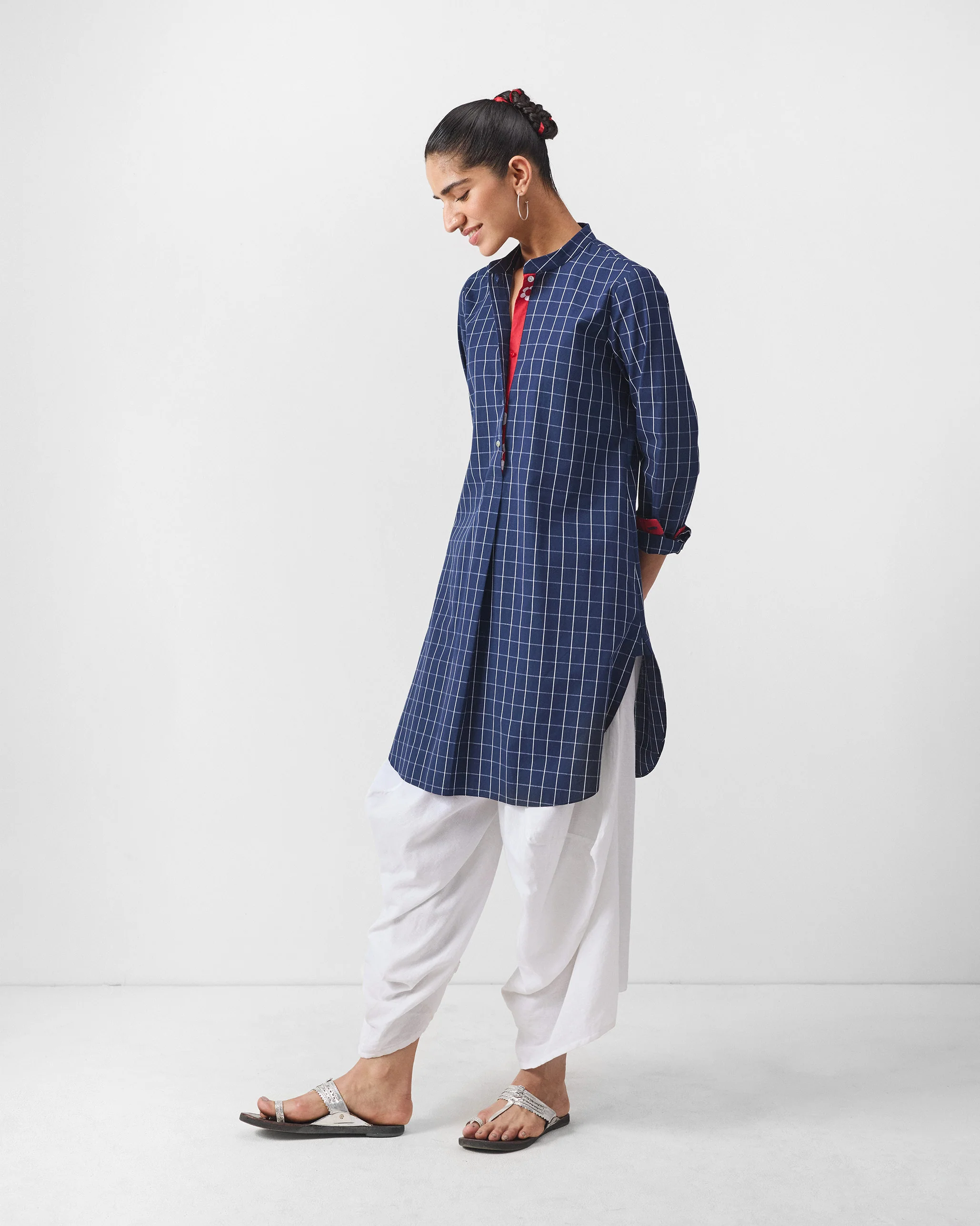Basic Mid Length Kurta - Navy & White Checks - Image 2