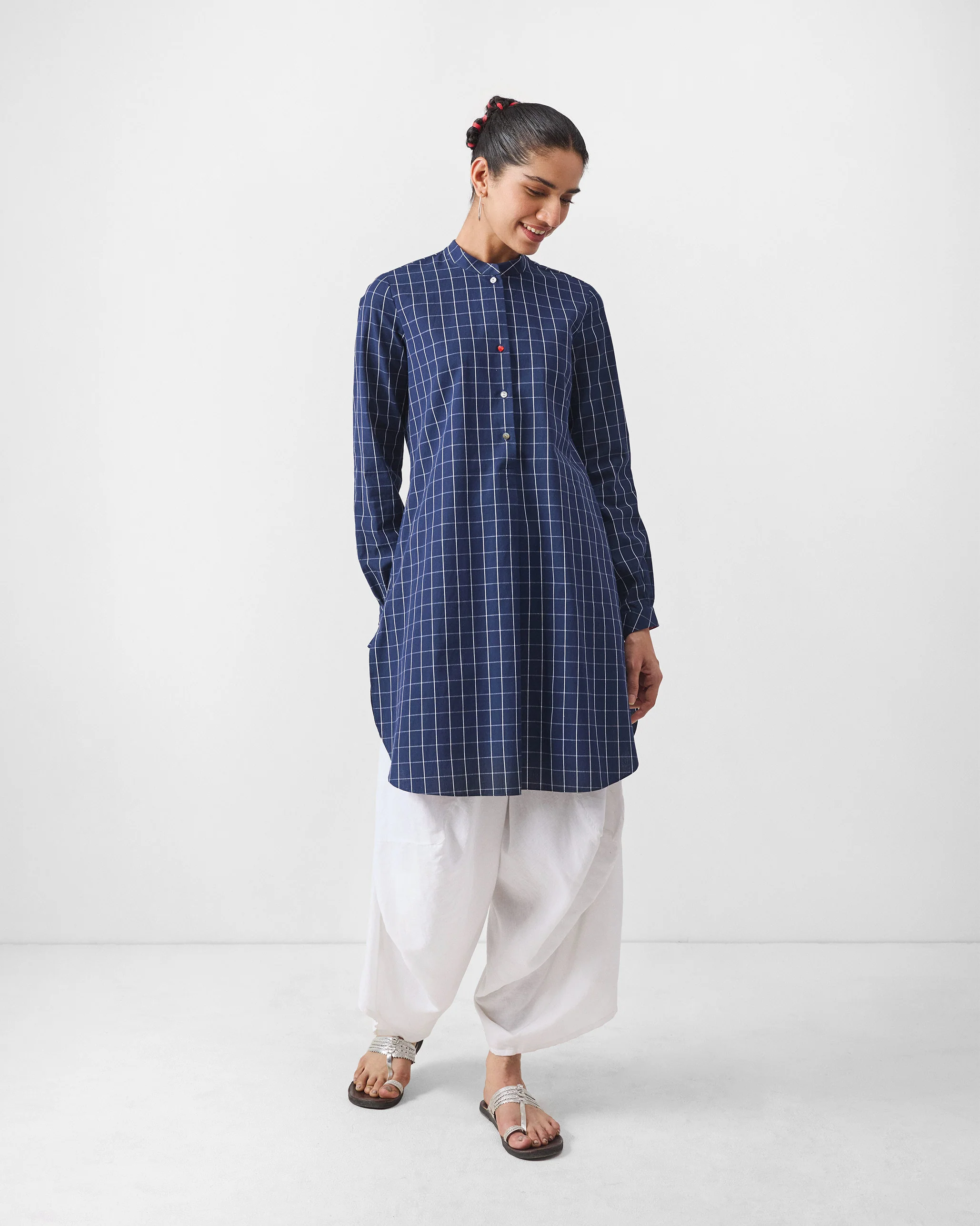 Basic Mid Length Kurta - Navy & White Checks - Image 3