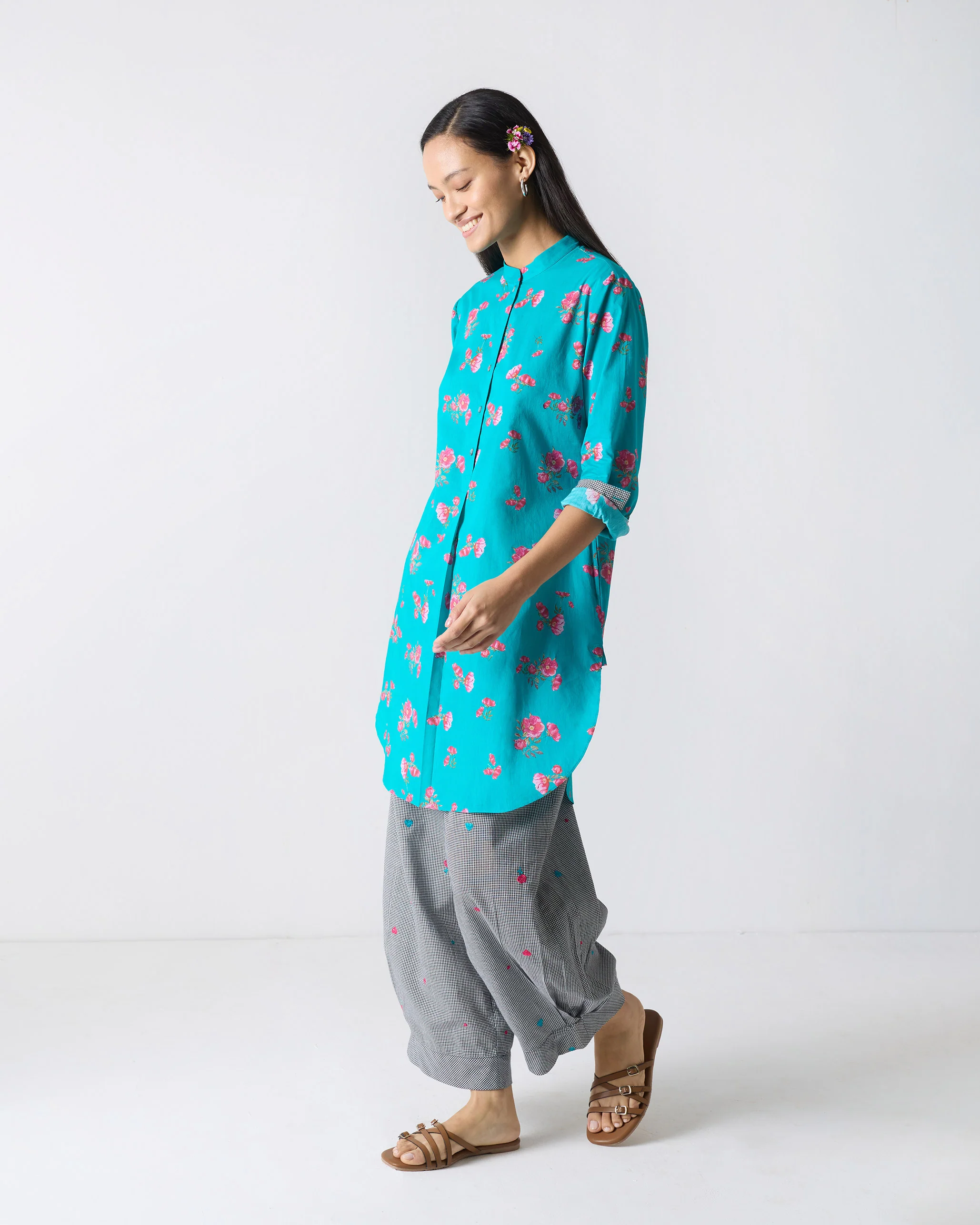 Basic Mid Length Kurta - Teal & Fuchsia Print - Image 2
