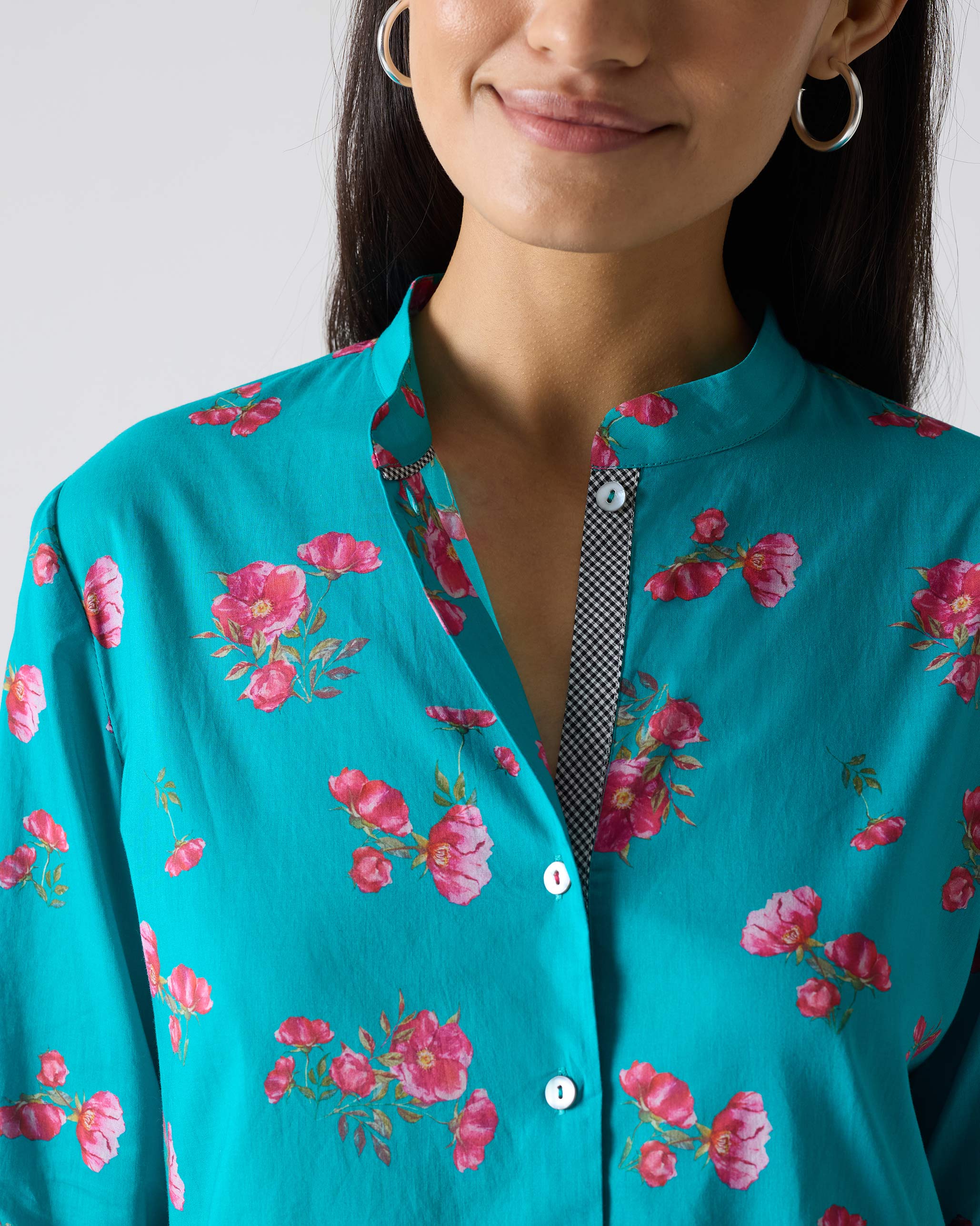 Basic Mid Length Kurta - Teal & Fuchsia Print - Image 4