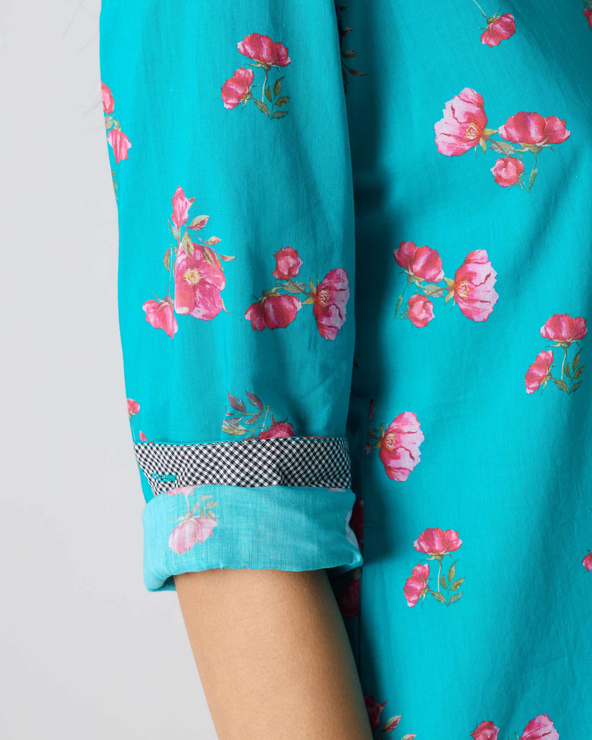 Basic Mid Length Kurta - Teal & Fuchsia Print - Image 5