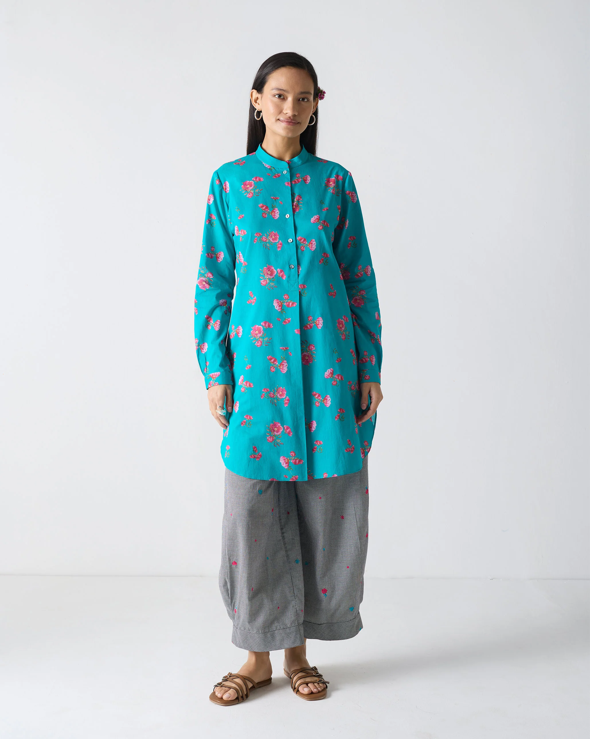 Basic Mid Length Kurta - Teal & Fuchsia Print - Image 6