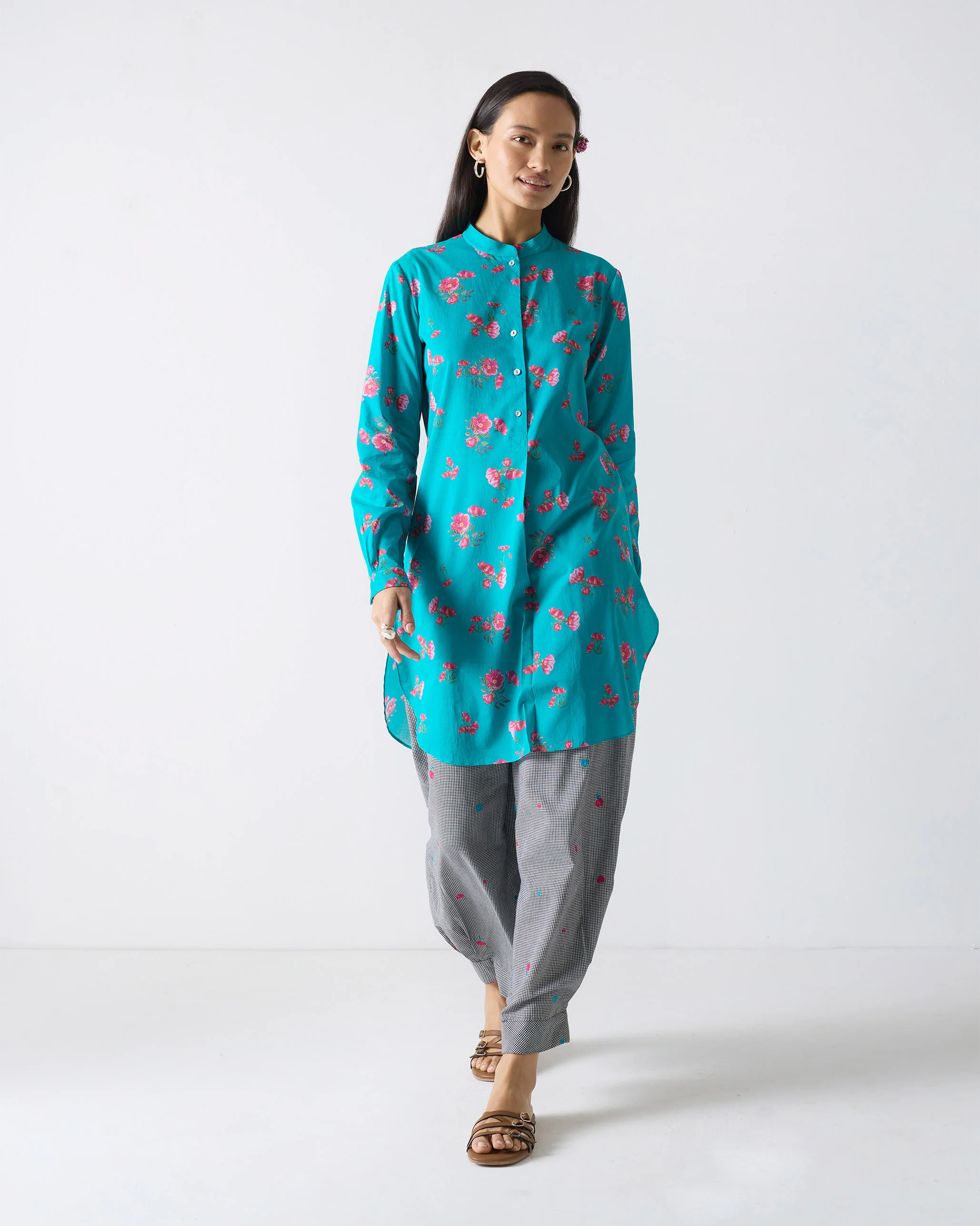 Basic Mid Length Kurta - Teal & Fuchsia Print - Image 7