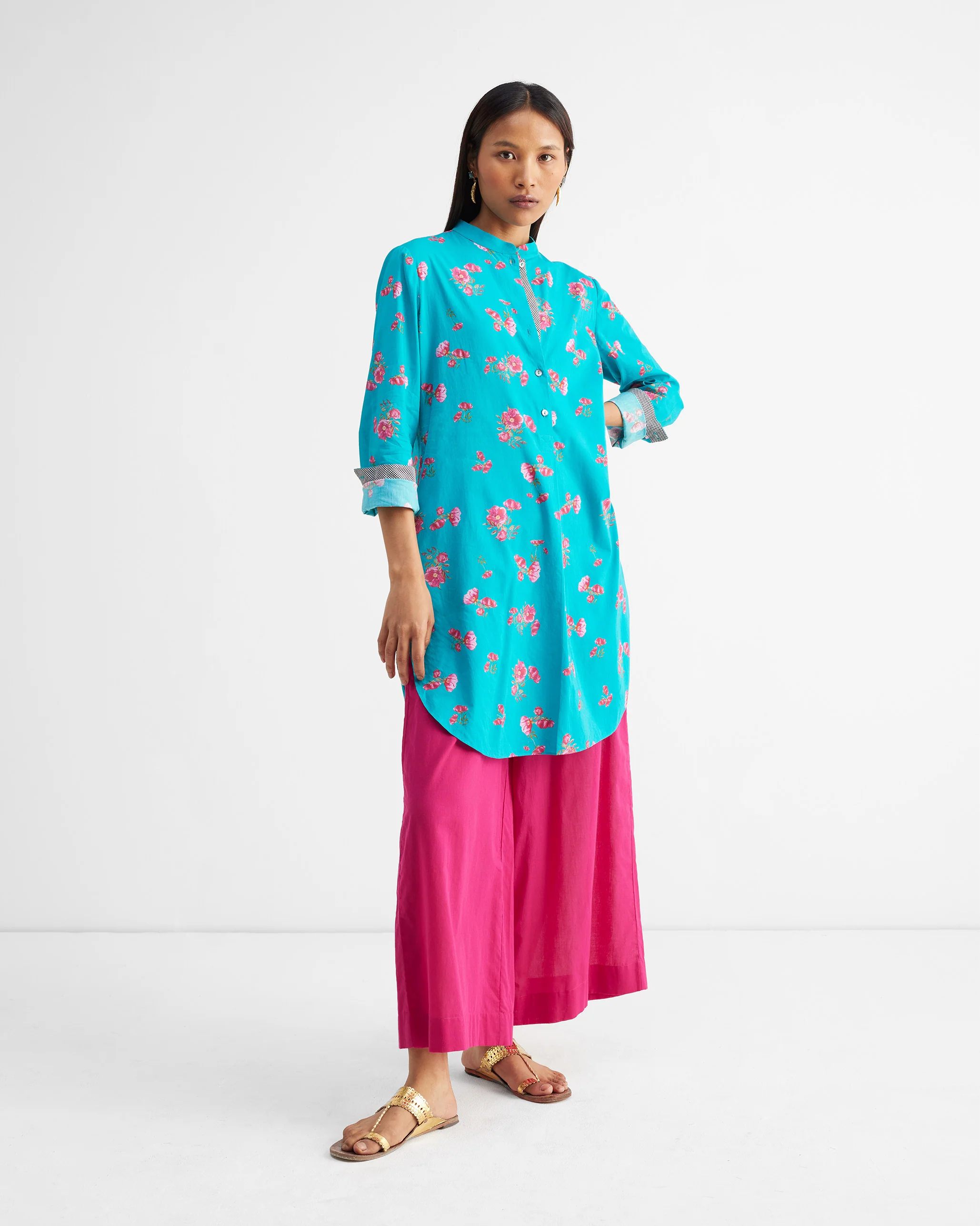 Basic Mid Length Kurta - Teal & Fuchsia Print - Image 8