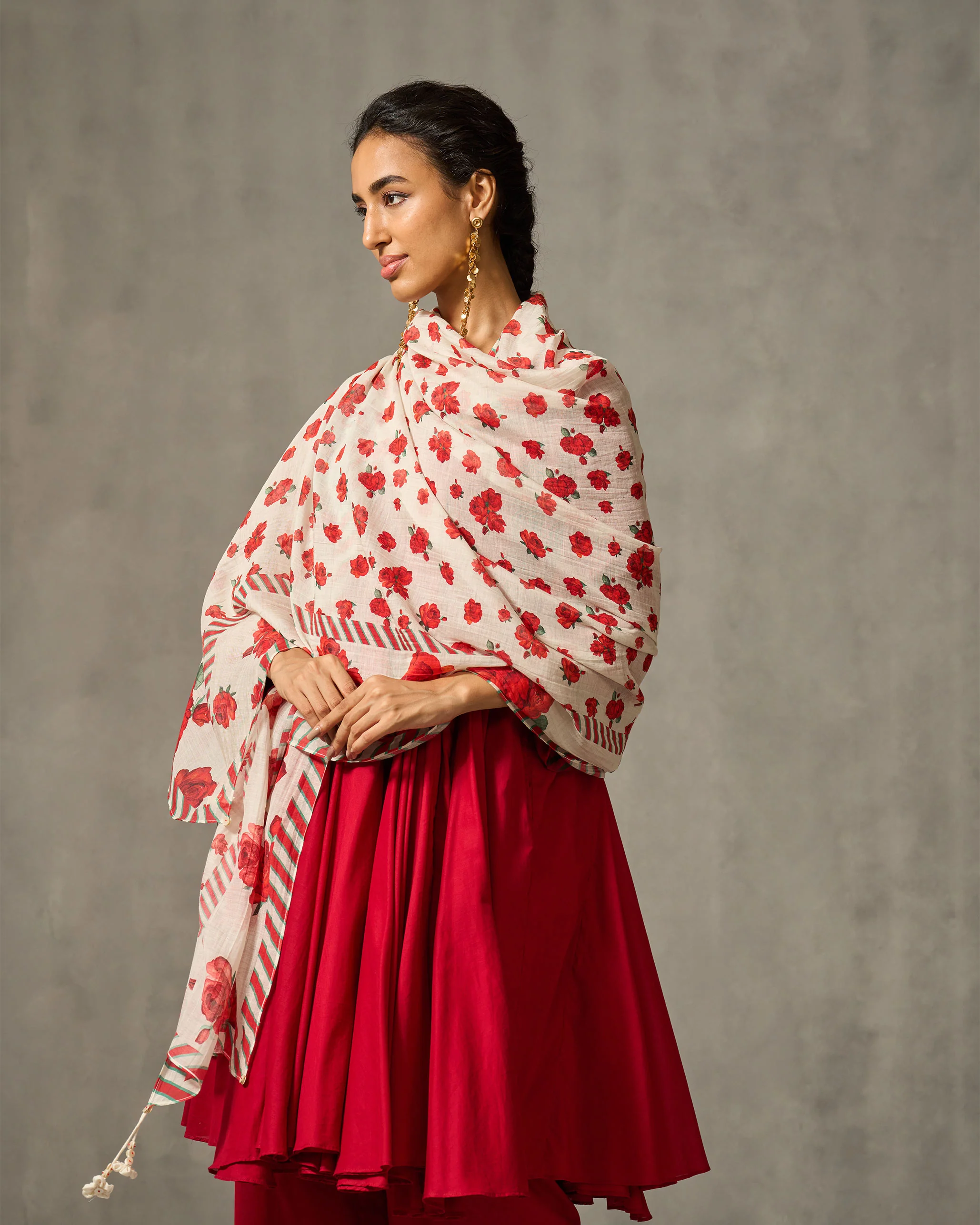 Bentota Dupatta - Ivory & Red Print - Image 2