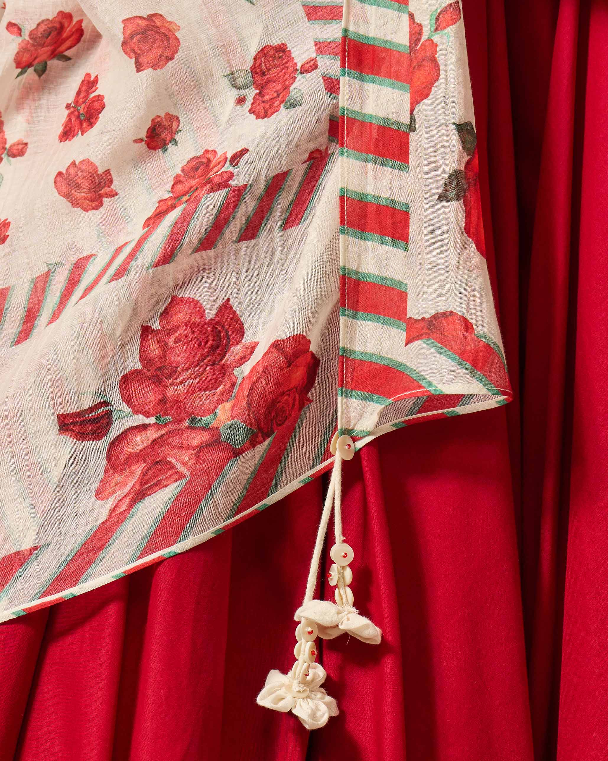 Bentota Dupatta - Ivory & Red Print - Image 3
