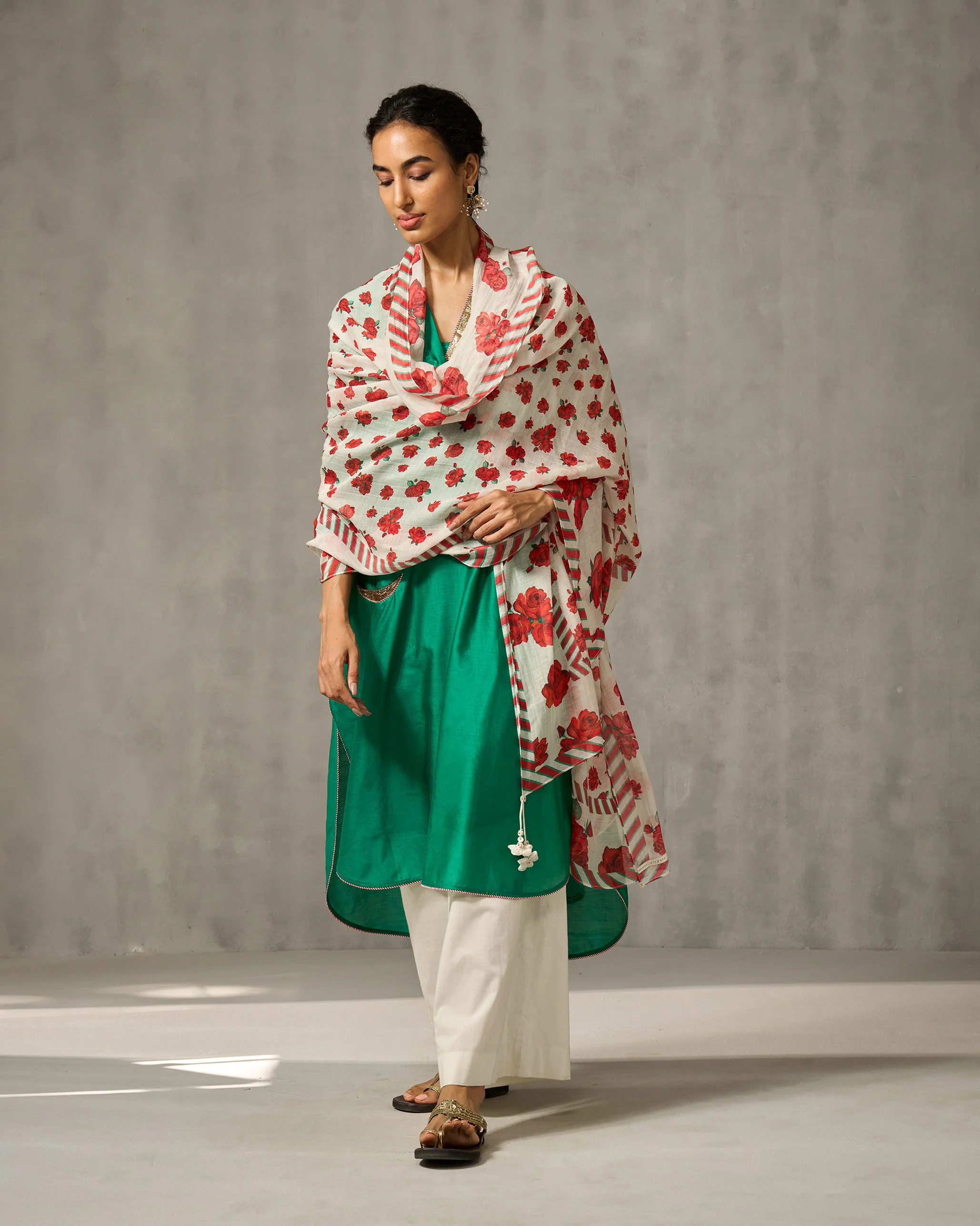 Bentota Dupatta - Ivory & Red Print - Image 4