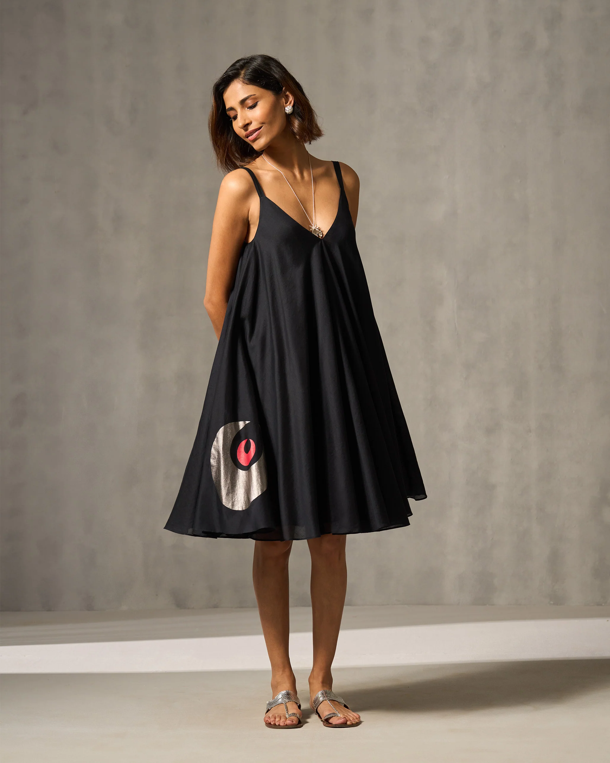 Berber Strappy Dress - Black & Foil Print - Image 2