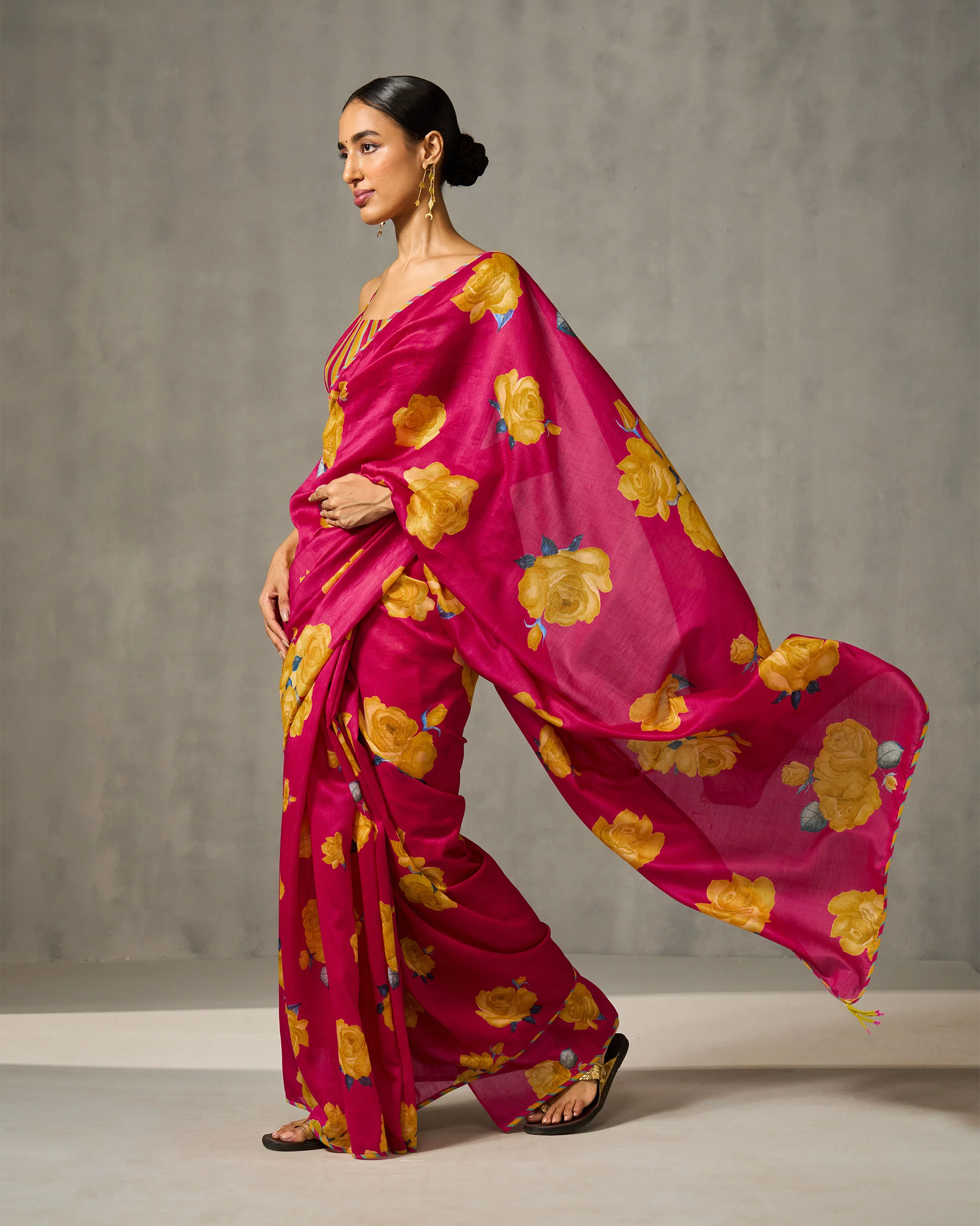 Blossom Sari - Fucshia & Yellow Print - Image 2