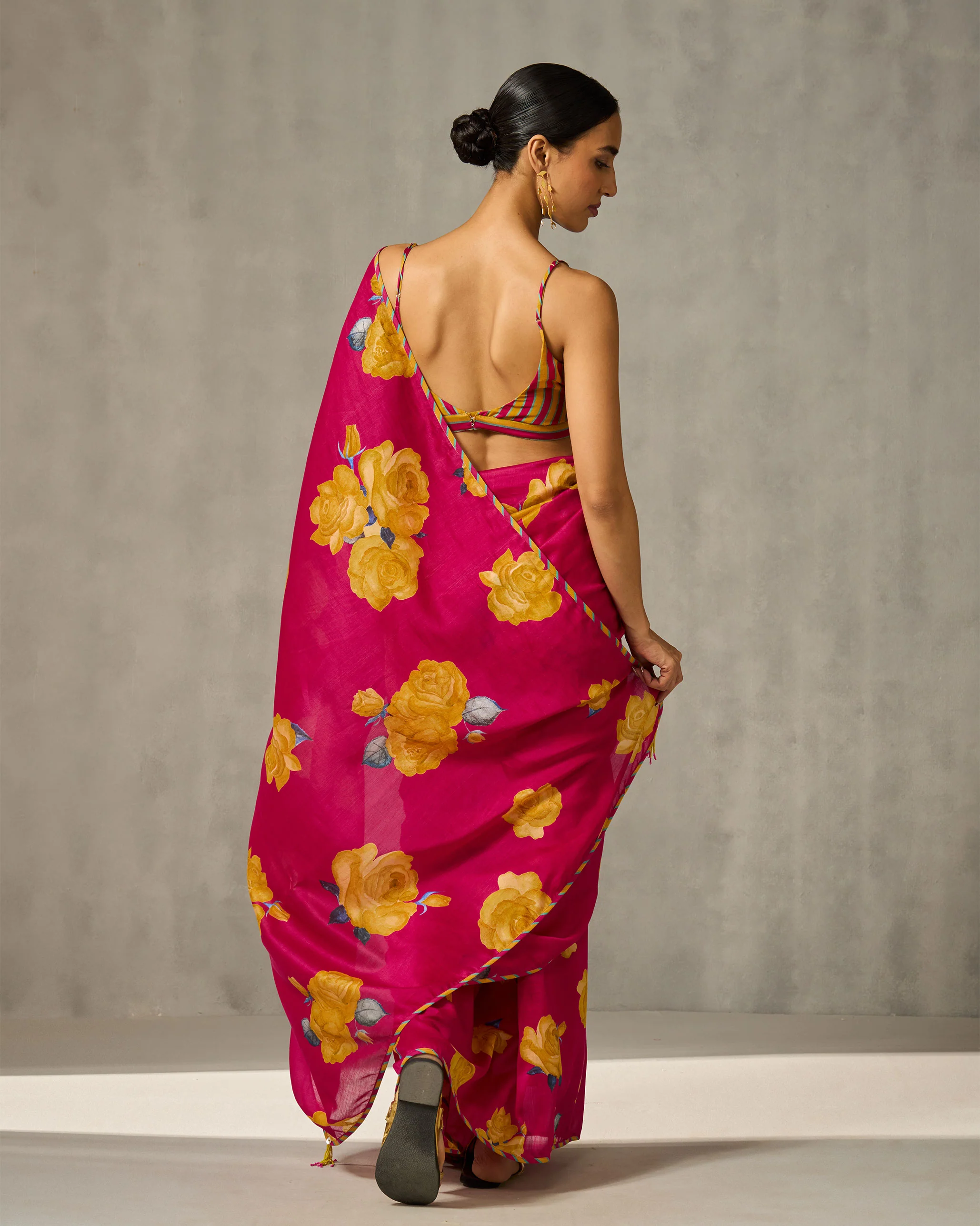 Blossom Sari - Fucshia & Yellow Print - Image 4