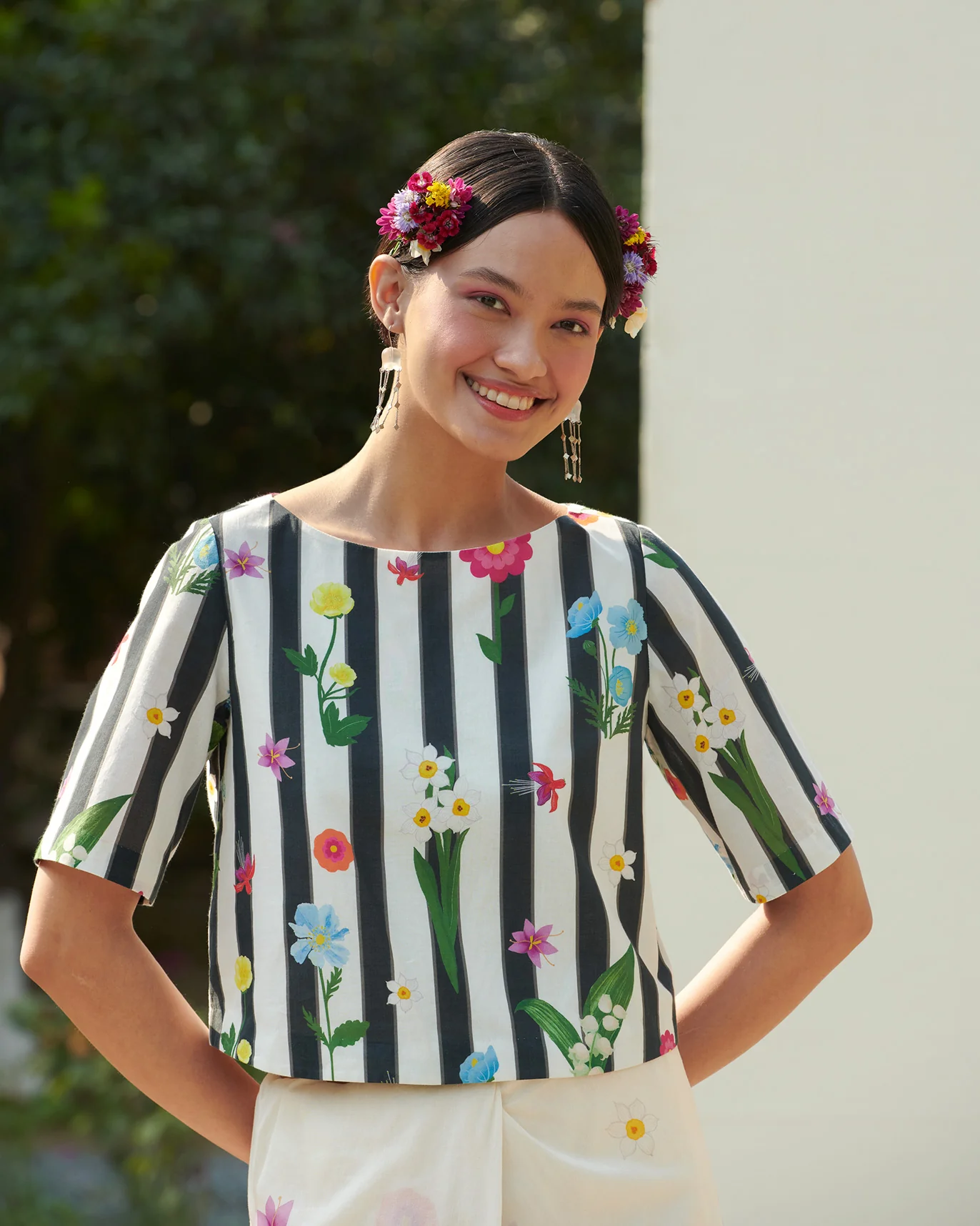 Boat Neck Blouse - White & Black - Image 3