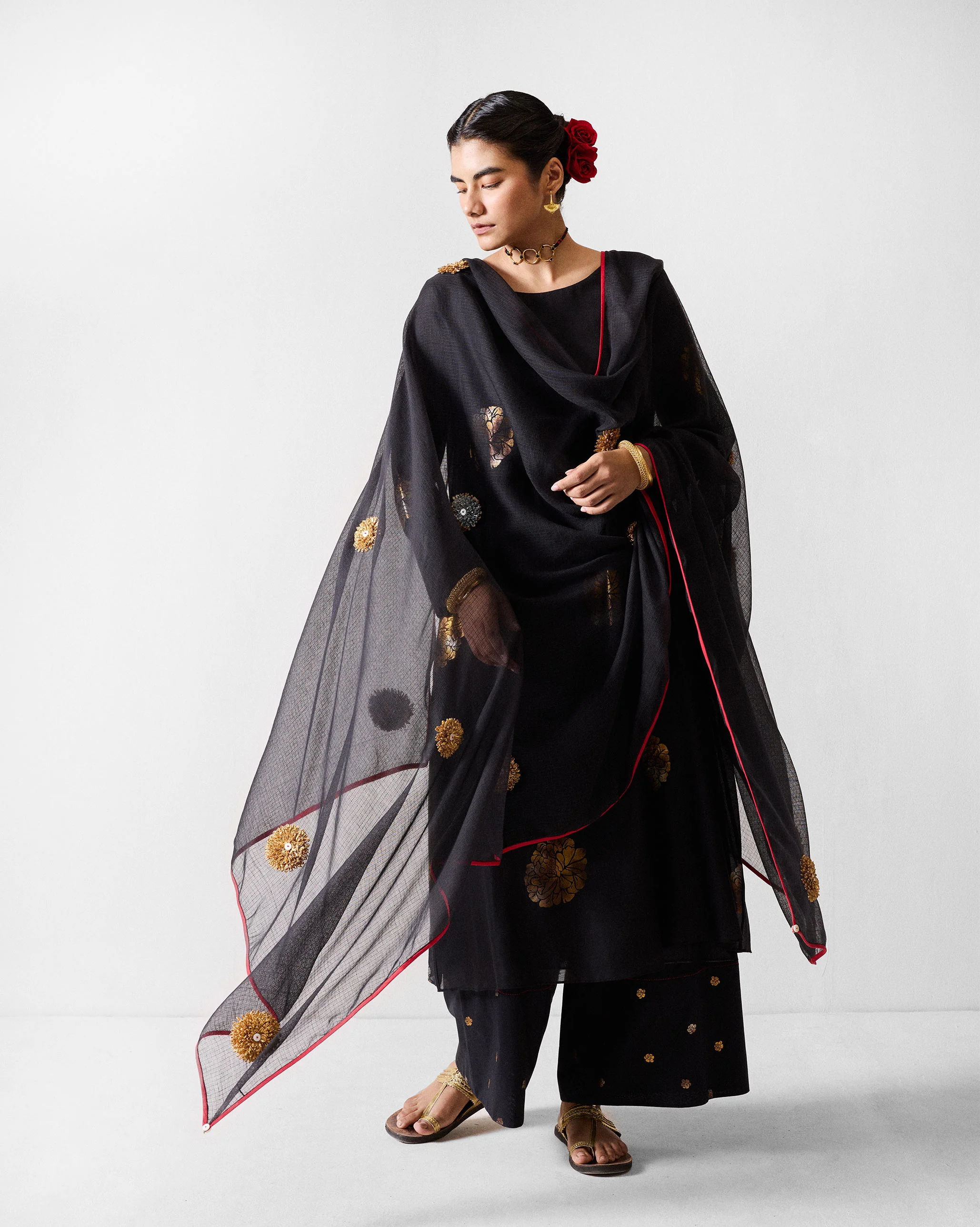 Boat Neck Kurta - Black & Gold Printed - Image 2