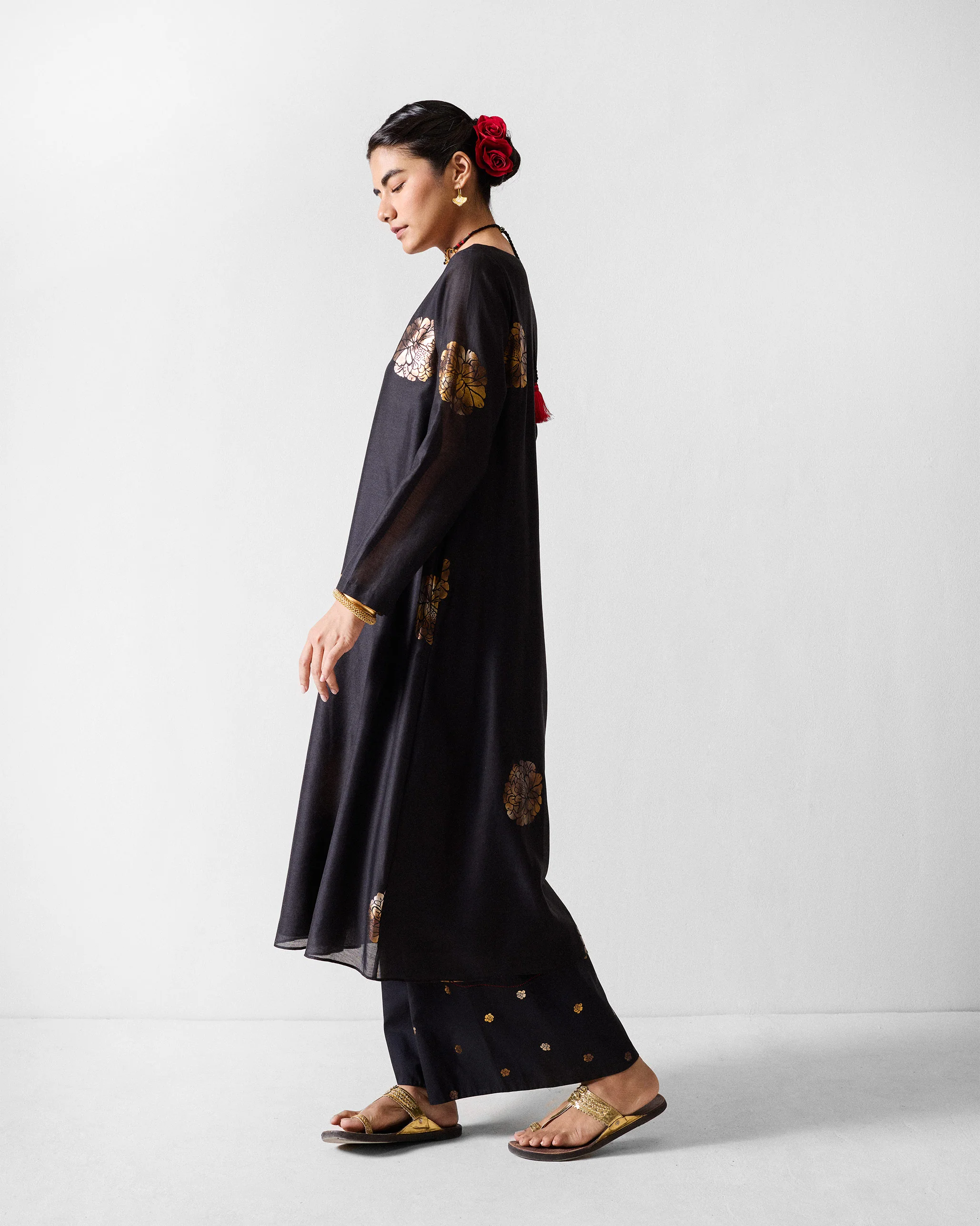 Boat Neck Kurta - Black & Gold Printed - Image 4