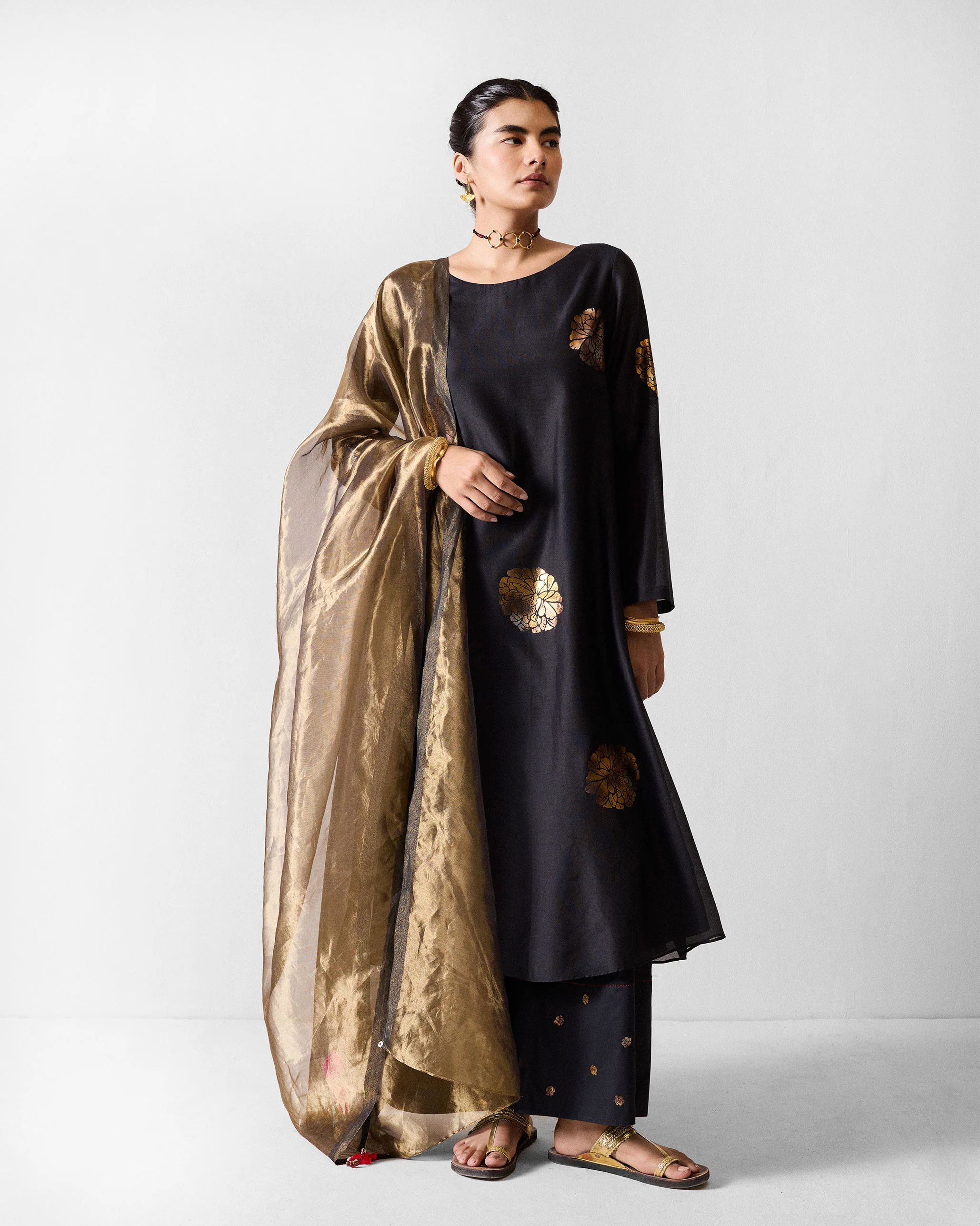 Boat Neck Kurta - Black & Gold Printed - Image 7