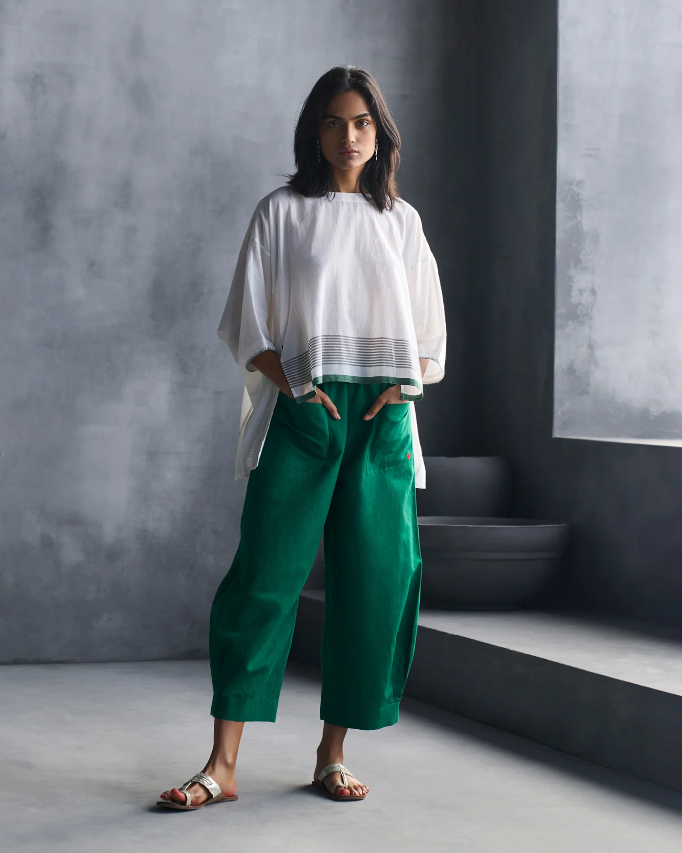 Boat Neck Top - White & Green
