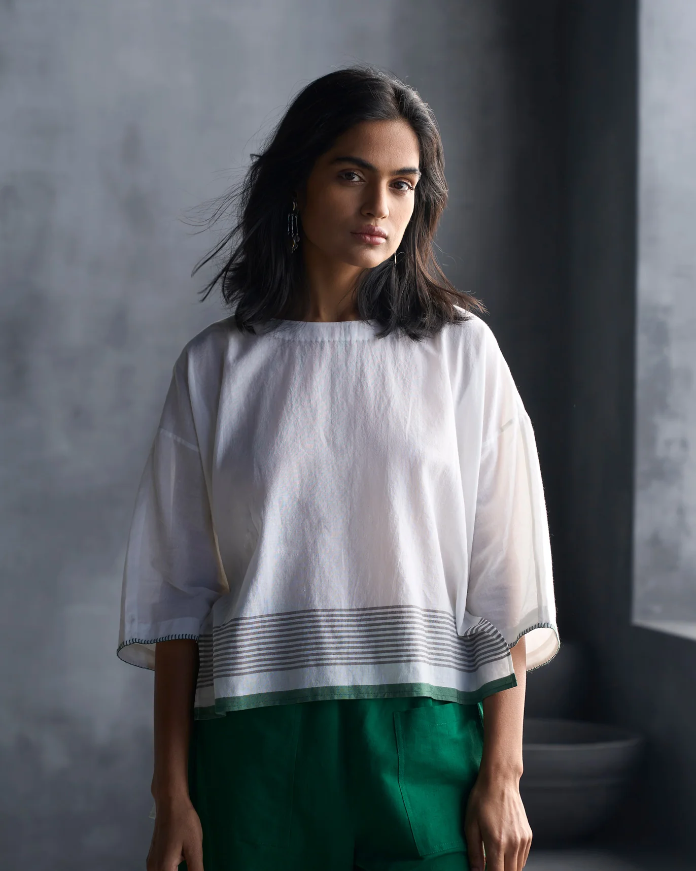 Boat Neck Top - White & Green - Image 2